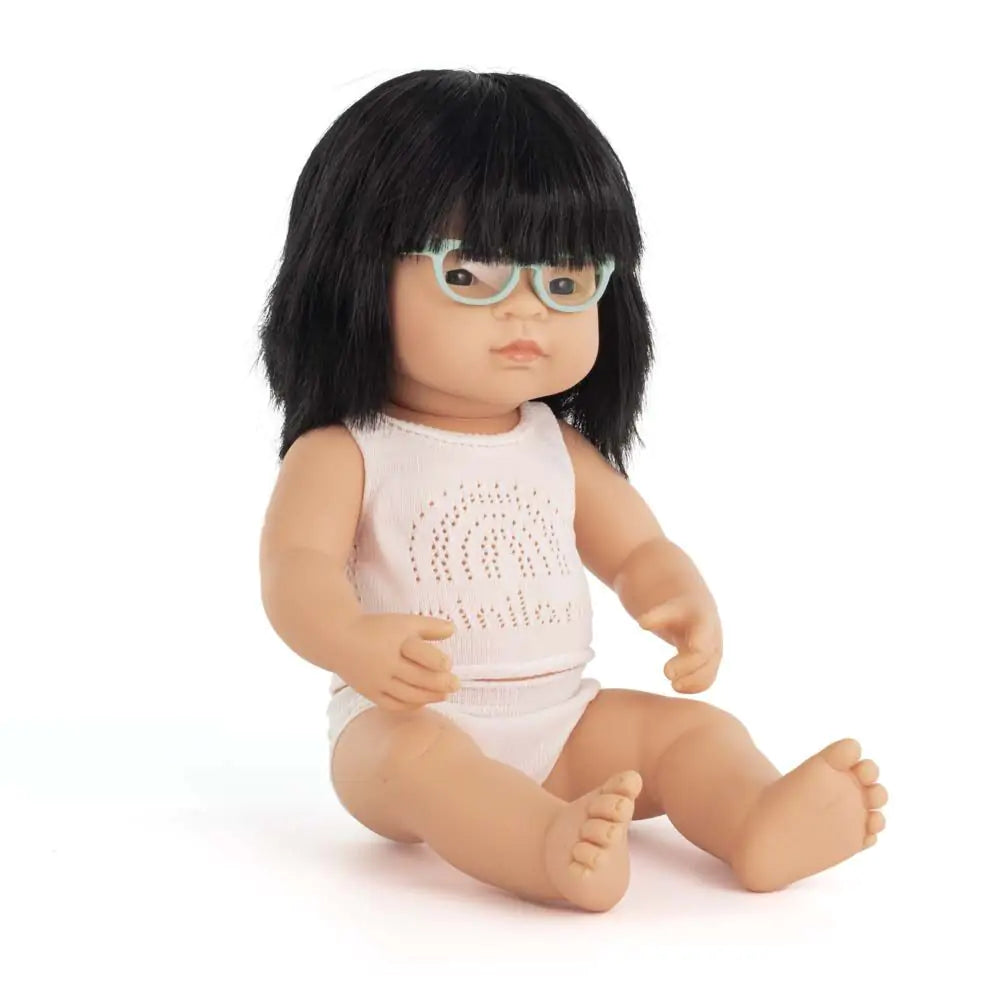 Miniland Baby Doll Asian Girl with Glasses 15''