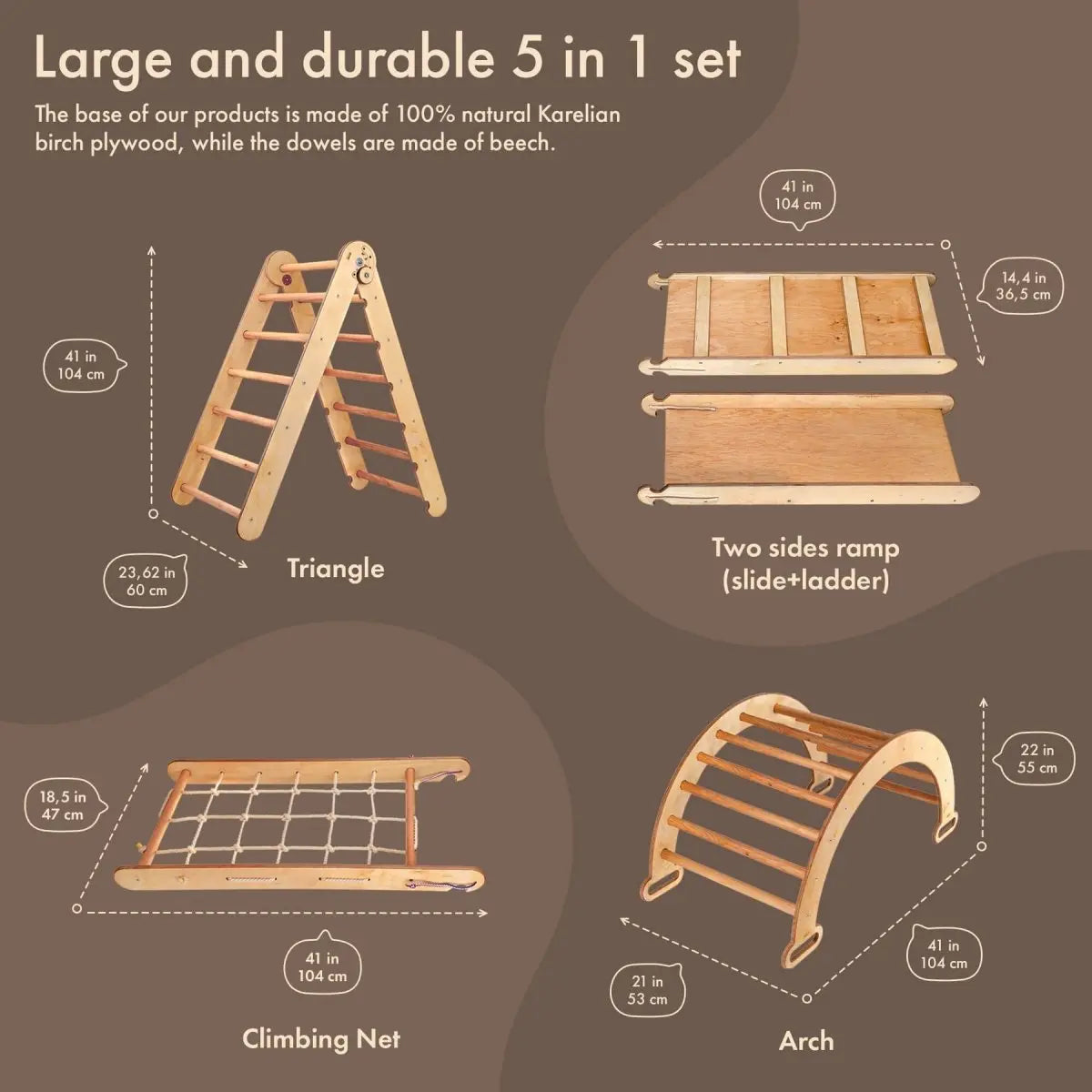 6in1 Montessori Climbing Frame Set: Triangle Ladder + Arch/Rocker + Slide/Ramp + Net + Cushion + Art Addition