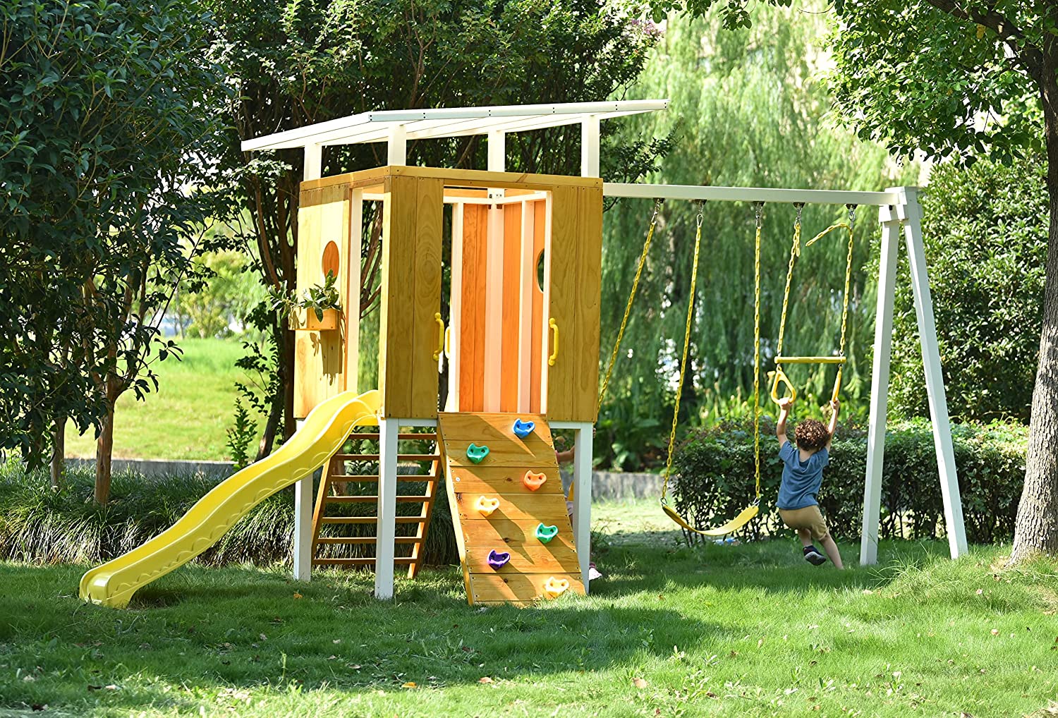 Forest - Modern Backyard Outdoor Swing Set 2 Swings And Trapeze Bar