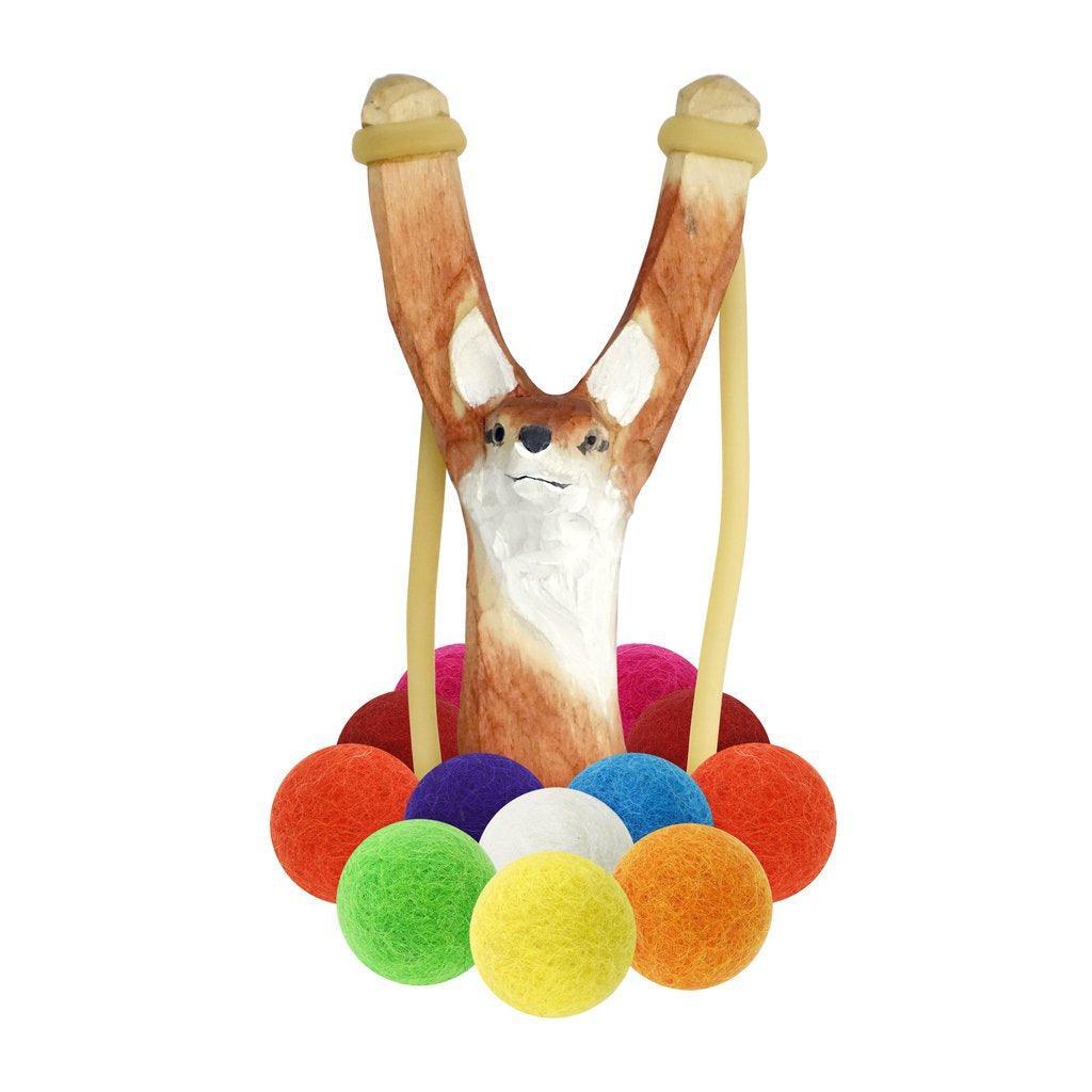Carved Wooden Fox Slingshot + Felt Balls - Why and Whale