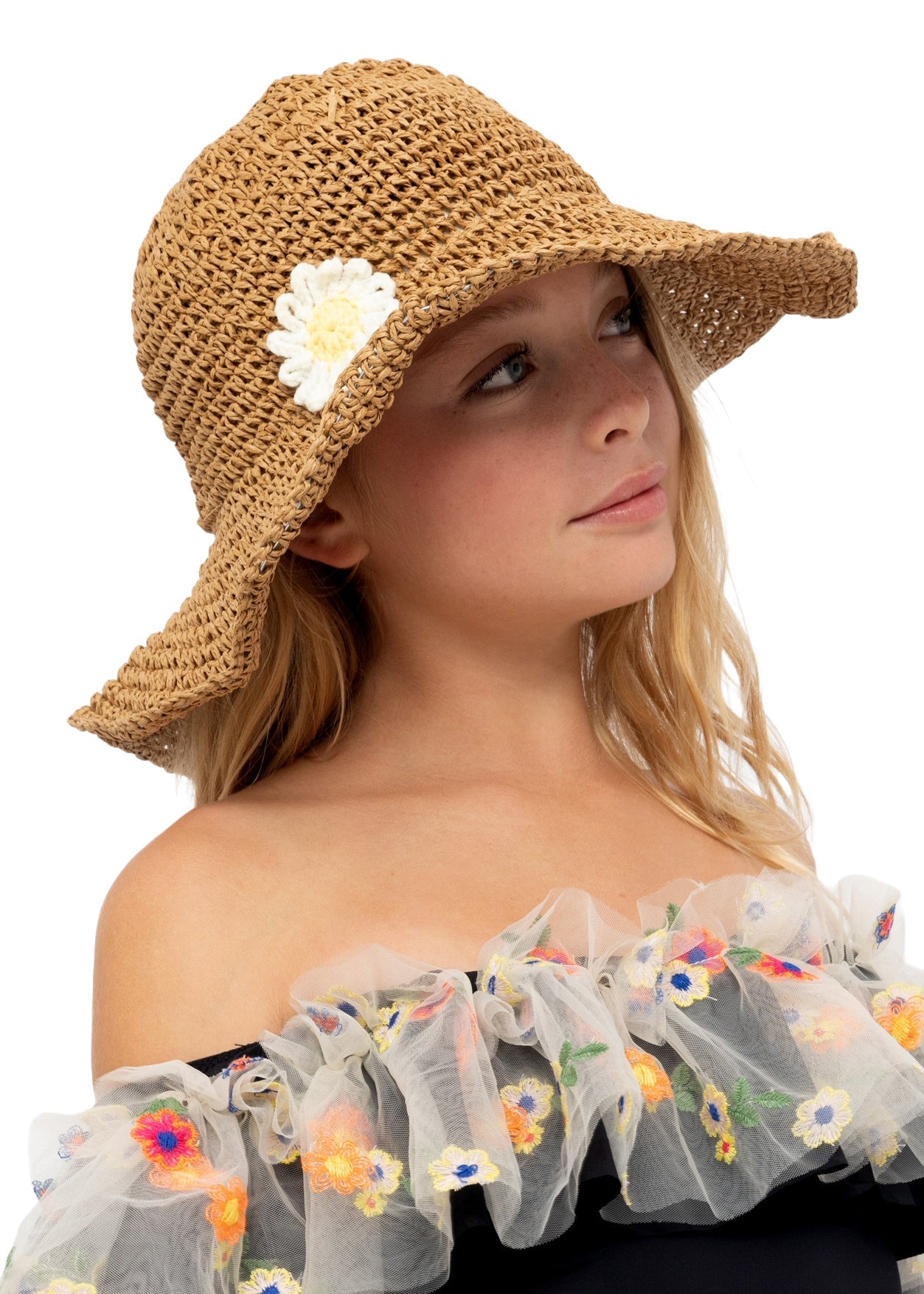 Straw Hat with Sun Flower Crochet