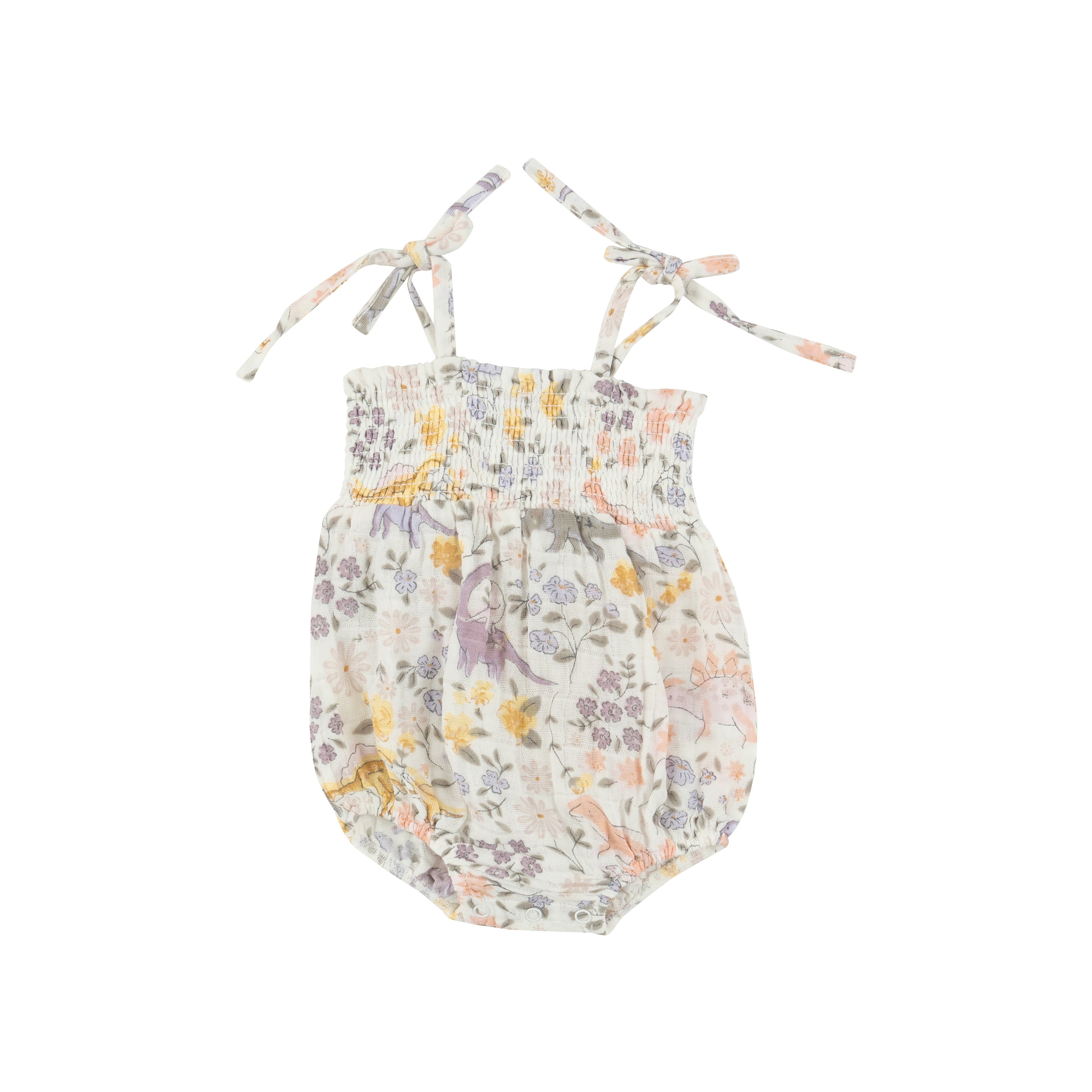 Tie Strap Smocked Bubble - Sweet Floral Dino