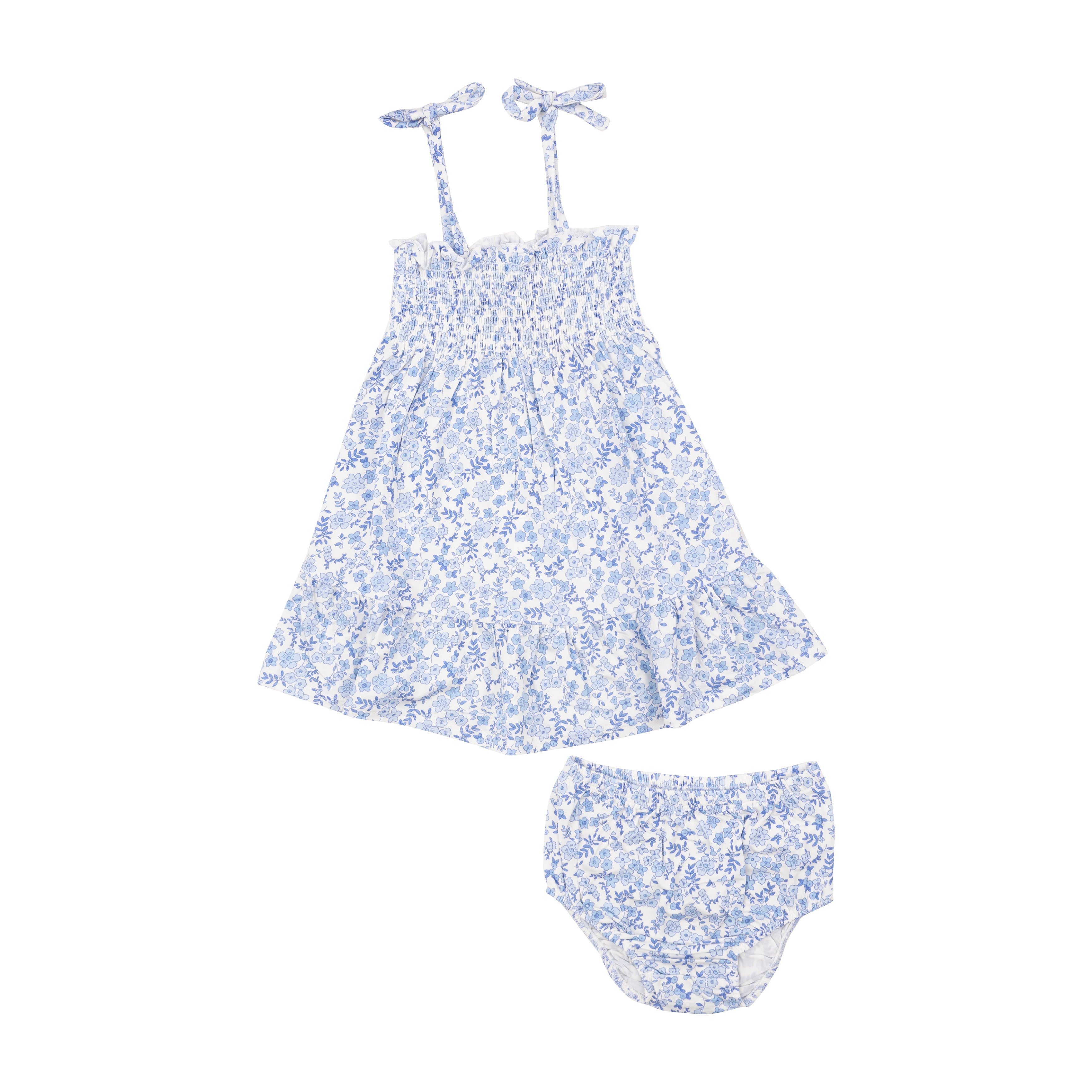 Tie Strap Smocked Sun Dresss Diaper Cover - Blue Calico Floral