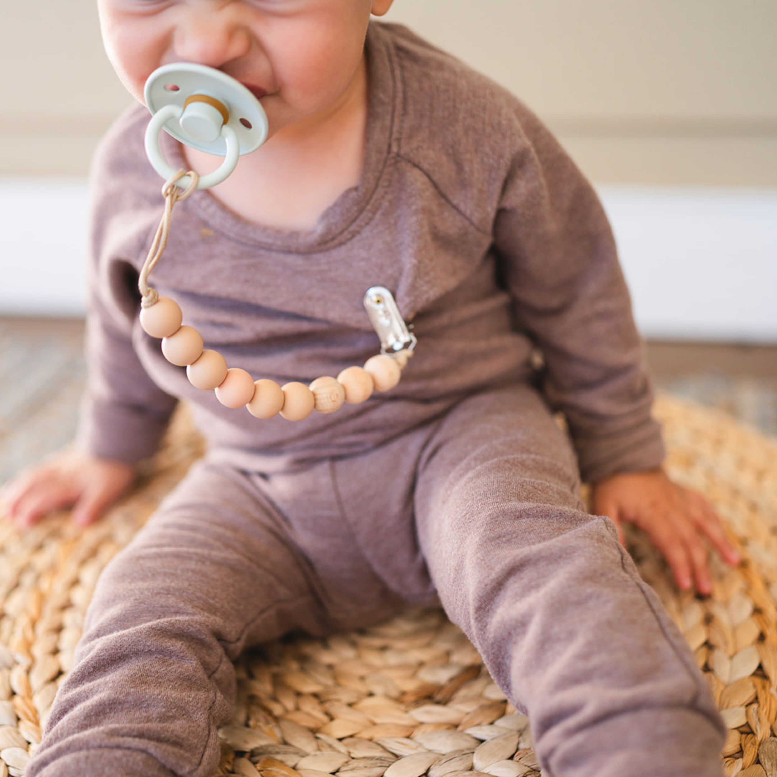 Mustard Beaded Wooden & Silicone Pacifier Clip