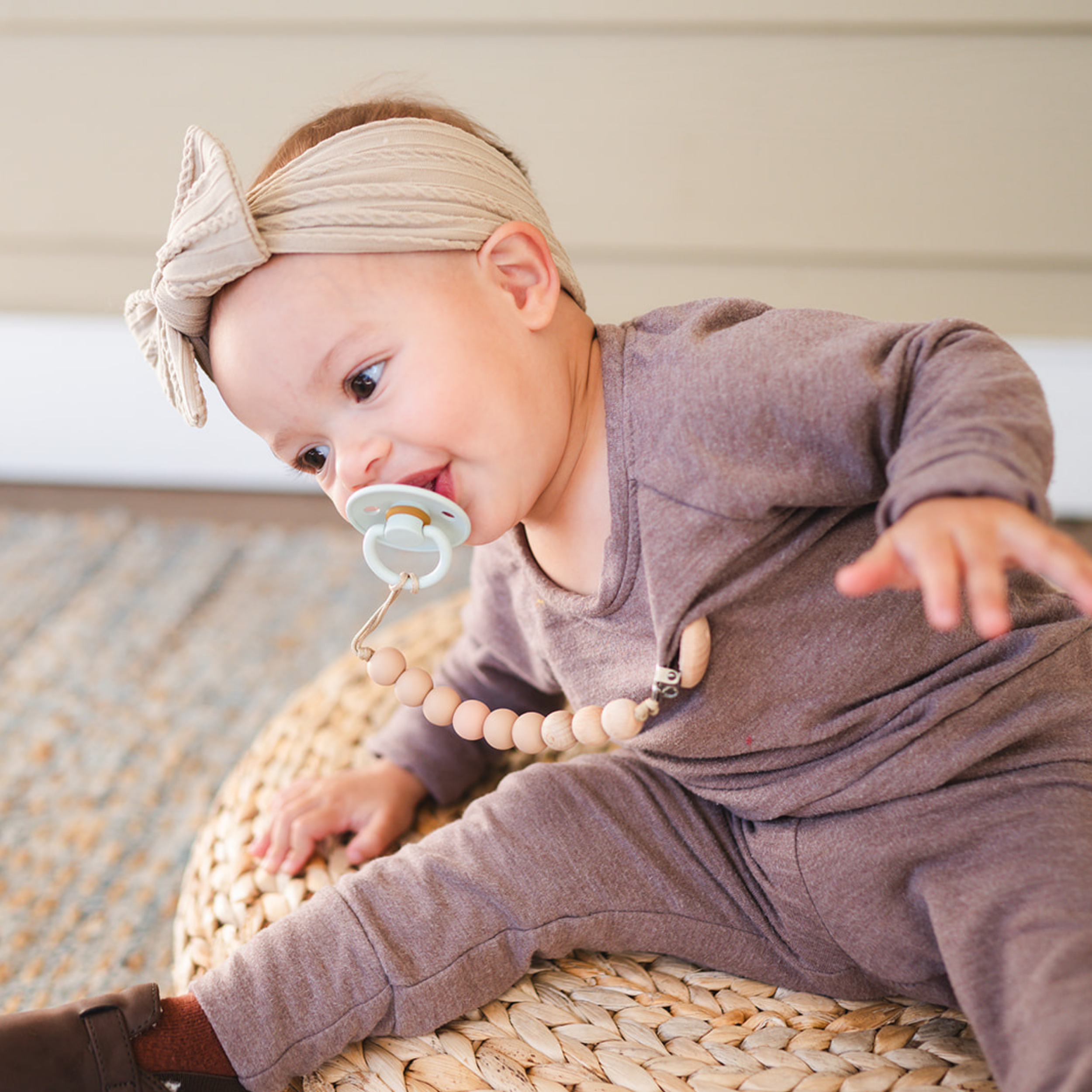 Mustard Beaded Wooden & Silicone Pacifier Clip