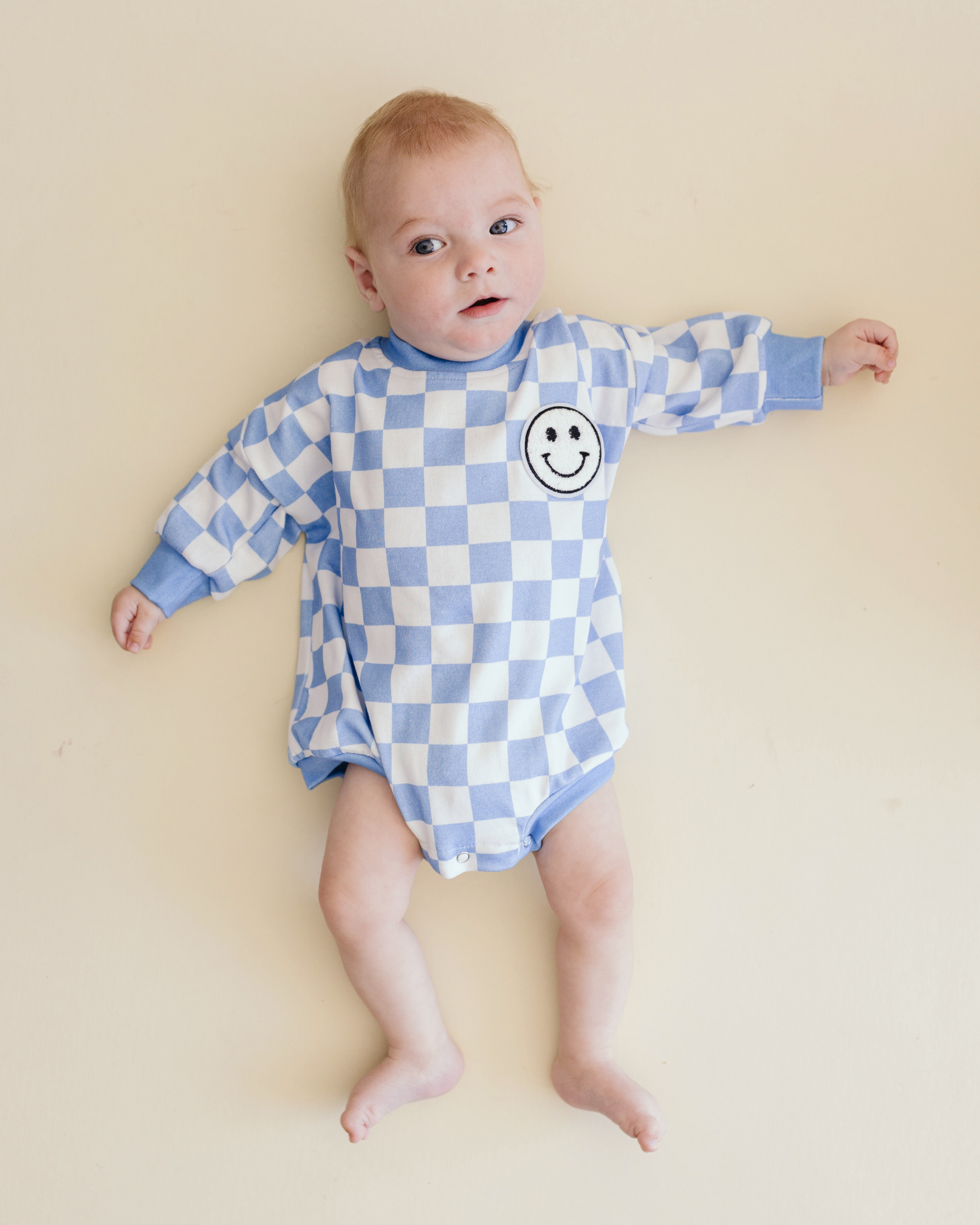 Bubble Romper | Checkered Smiley Blue