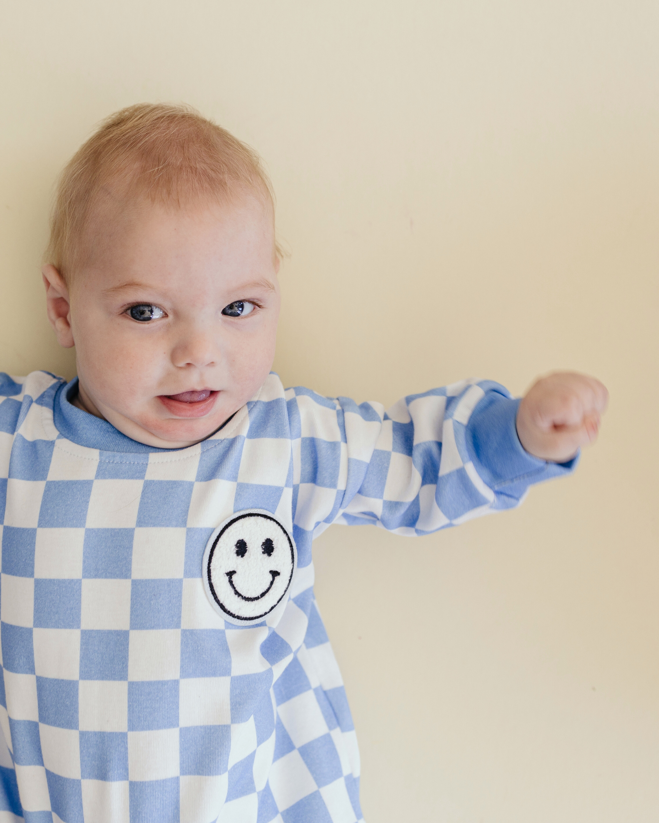 Bubble Romper | Checkered Smiley Blue