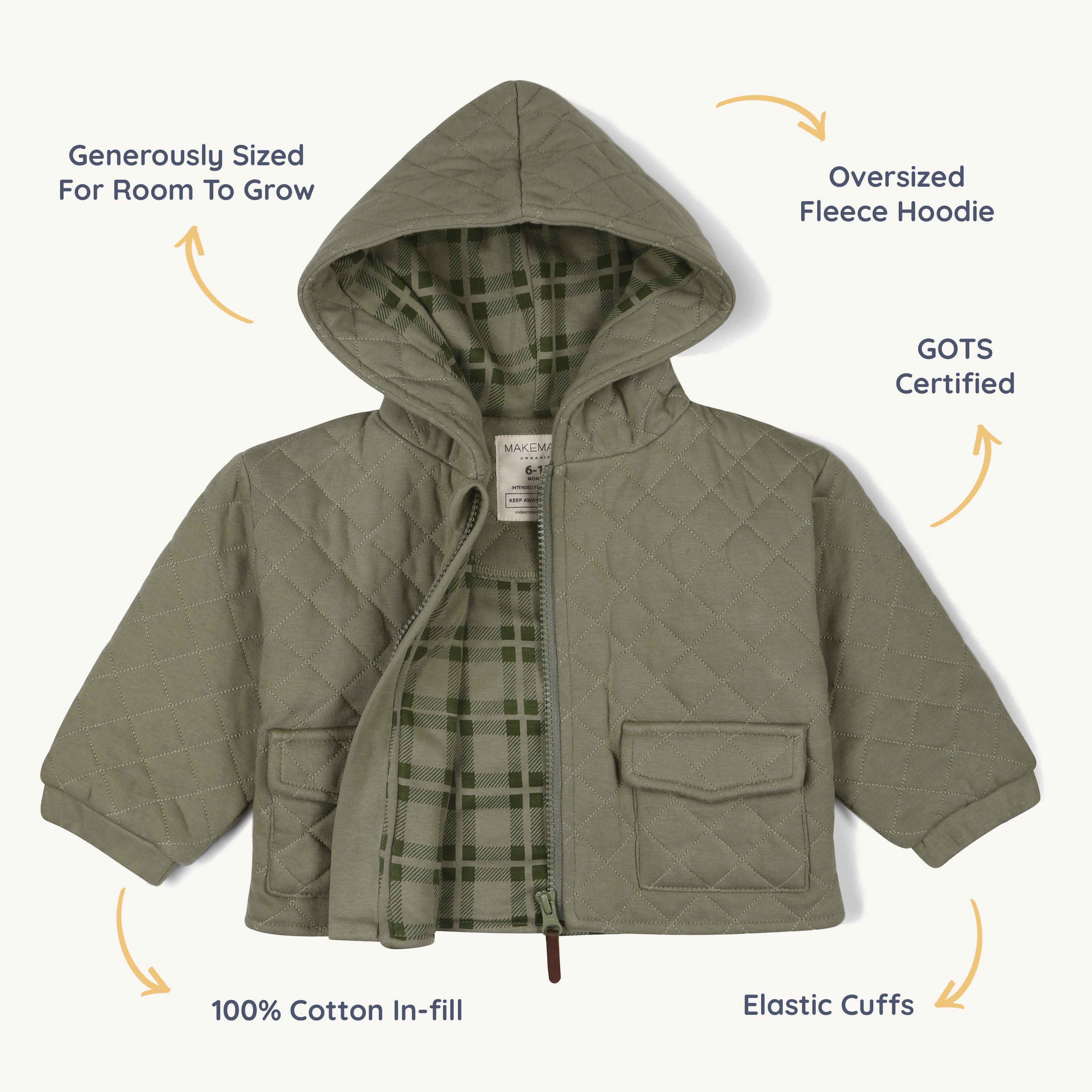 Organic Quilted Hooded Jacket - Olive