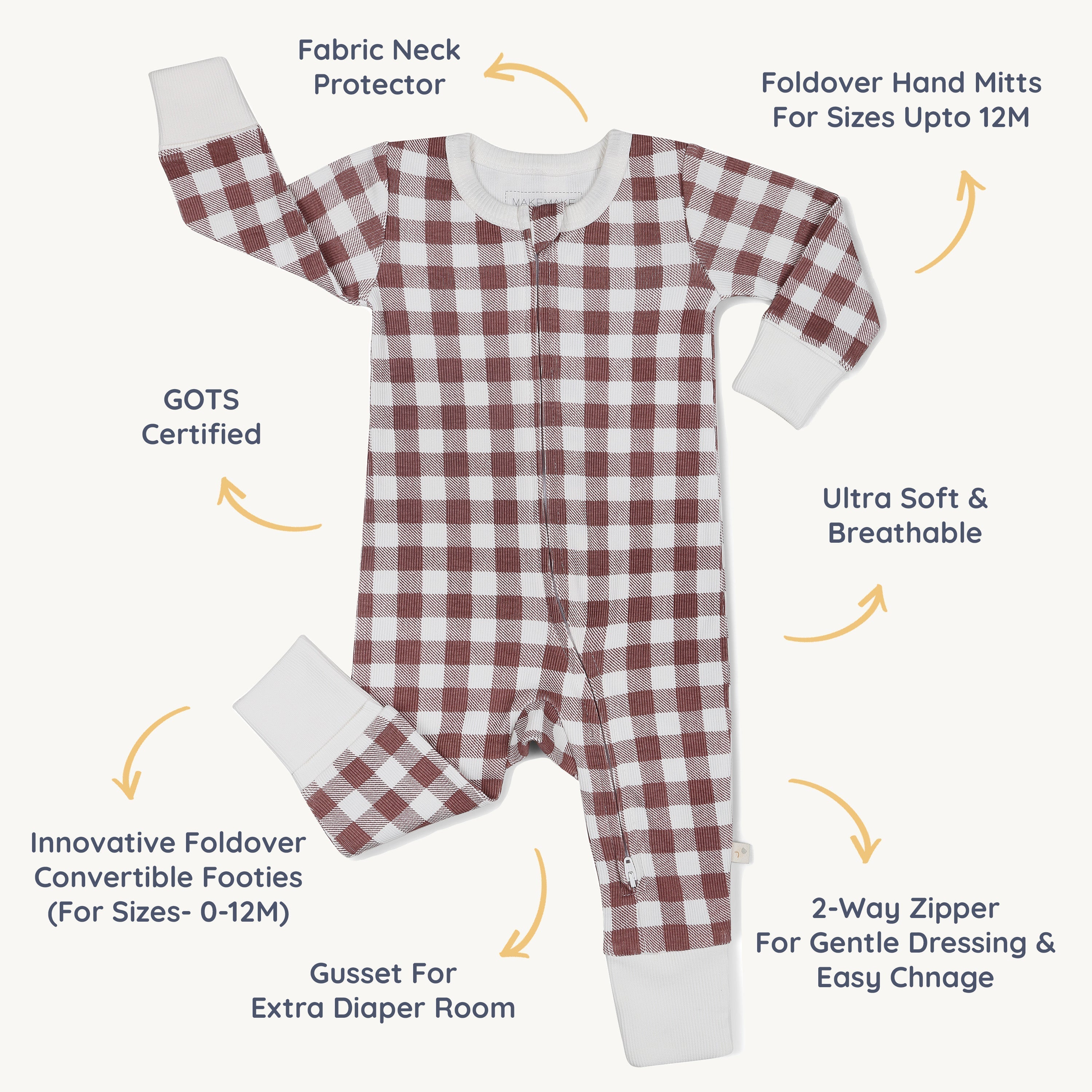 Organic 2-Way Zip Romper - Plum Gingham