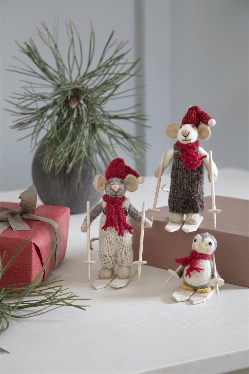Christmas Figurine - Winter Mouse Boy (Small) on Ski's (Grey)
