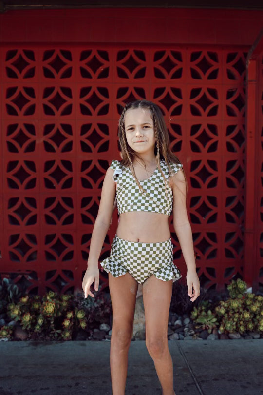 Two Piece Girls Swim Suit  | Wave Chaser Olive Checker