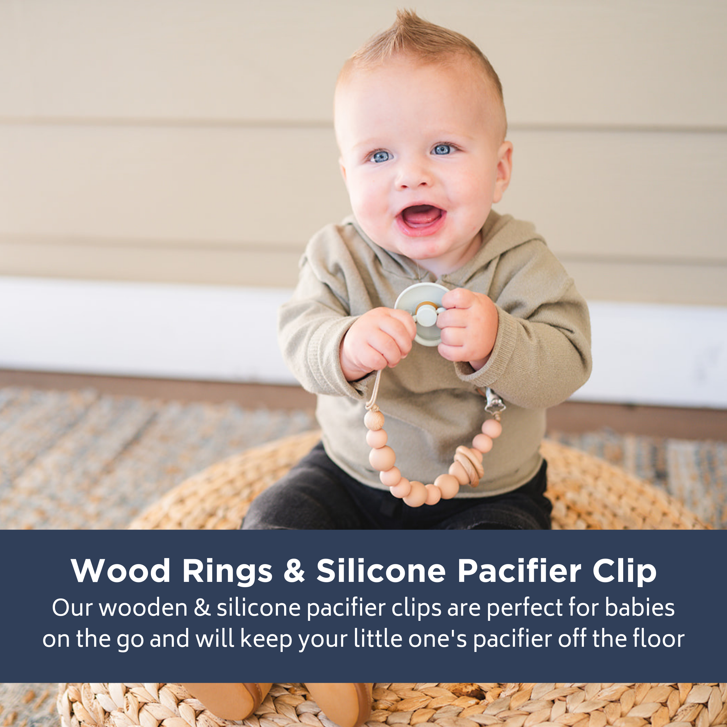 Charcoal Silicone Bead & Wood Ring Pacifier Clip