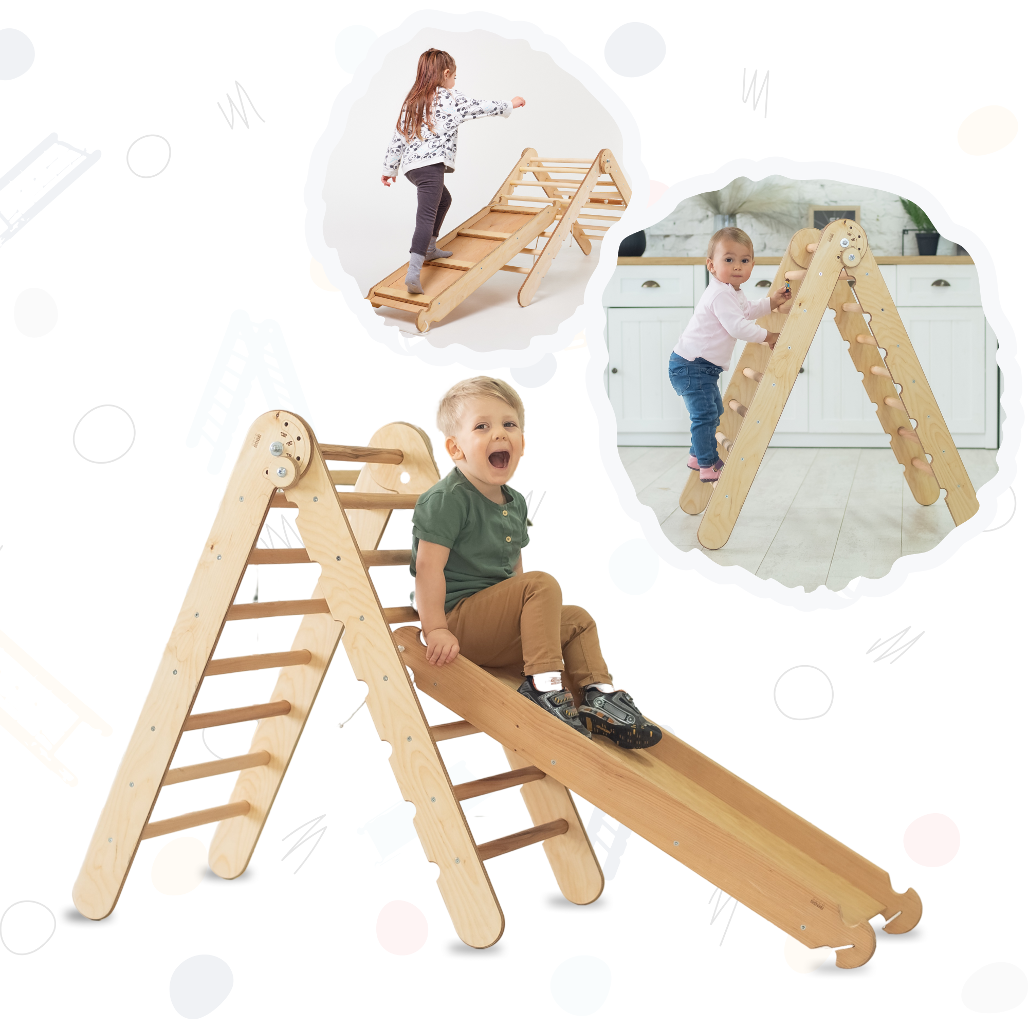 2in1 Montessori Climbing Frame Set: Triangle Ladder + Slide Board/Ramp – Chocolate