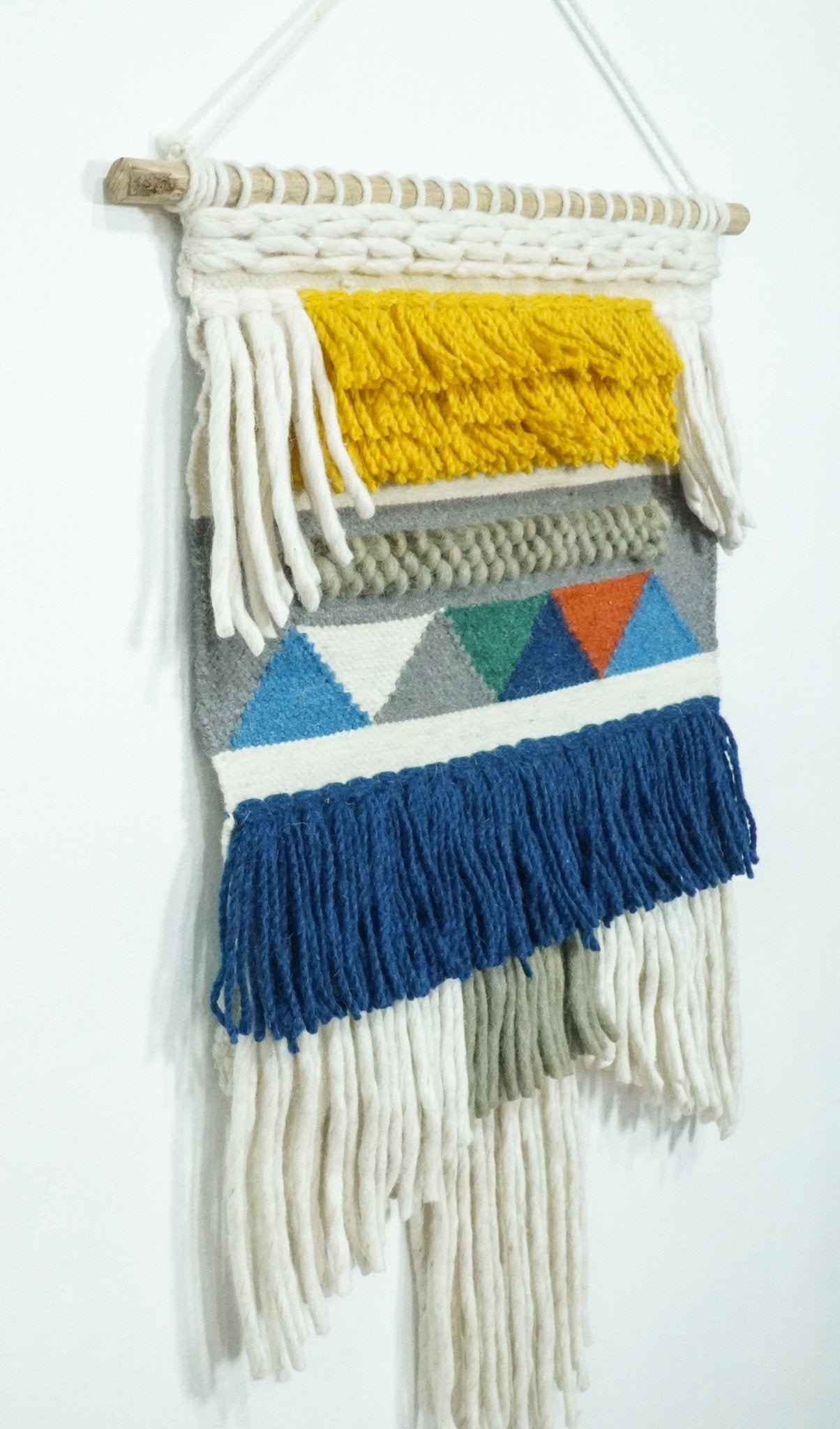 2x3 Wool Hand Woven Blue, White and Gold Boho Wall Hanging | WH2