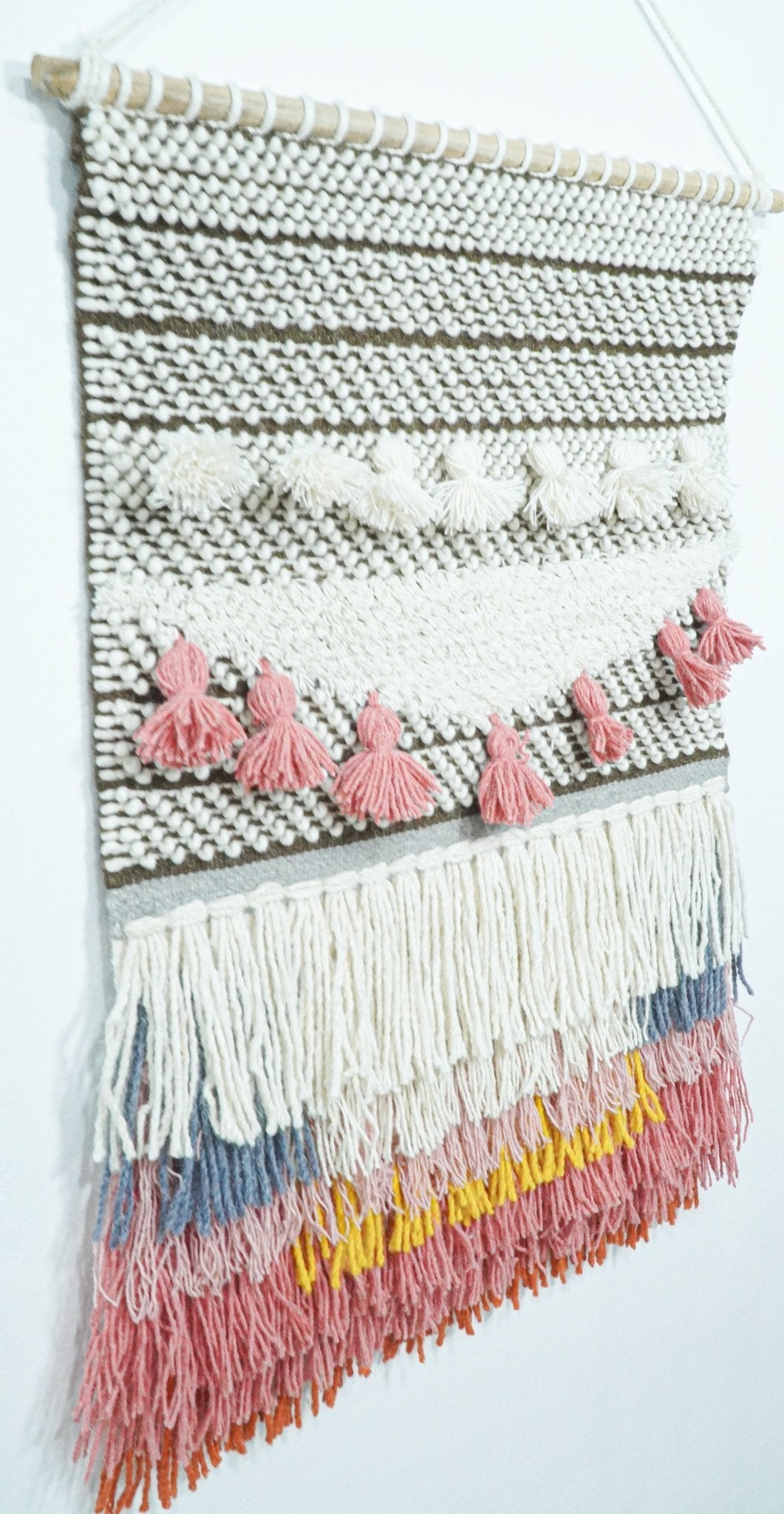 2x3 Wool Hand Woven Brown, White and Pink Boho Wall Hanging | WH1