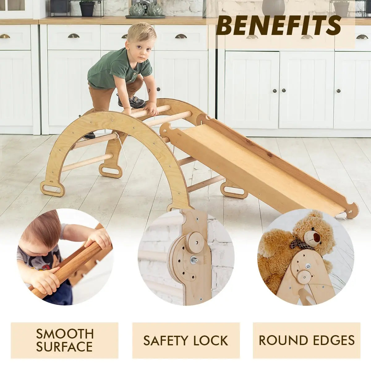 3in1 Montessori Play Set for Toddlers: Arch + Slide + Cushion - Beige