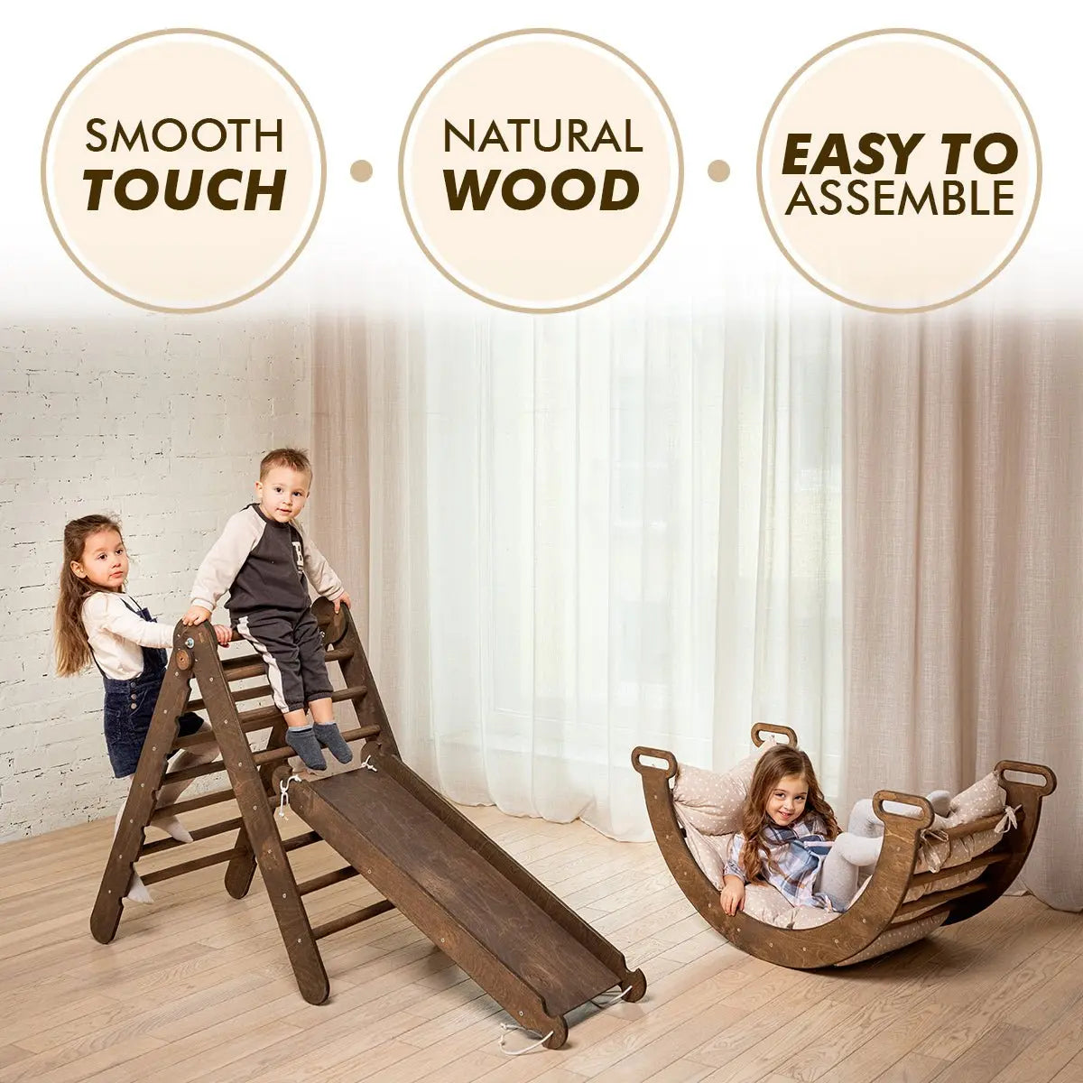 3in1 Montessori PlaySet for Toddlers: Arch + Slide + Cushion - Chocolate