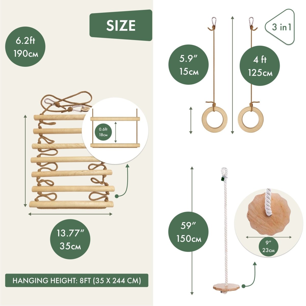 3in1 Swing & Climbing Set: Rope Ladder, Gym Rings & Disc Swing