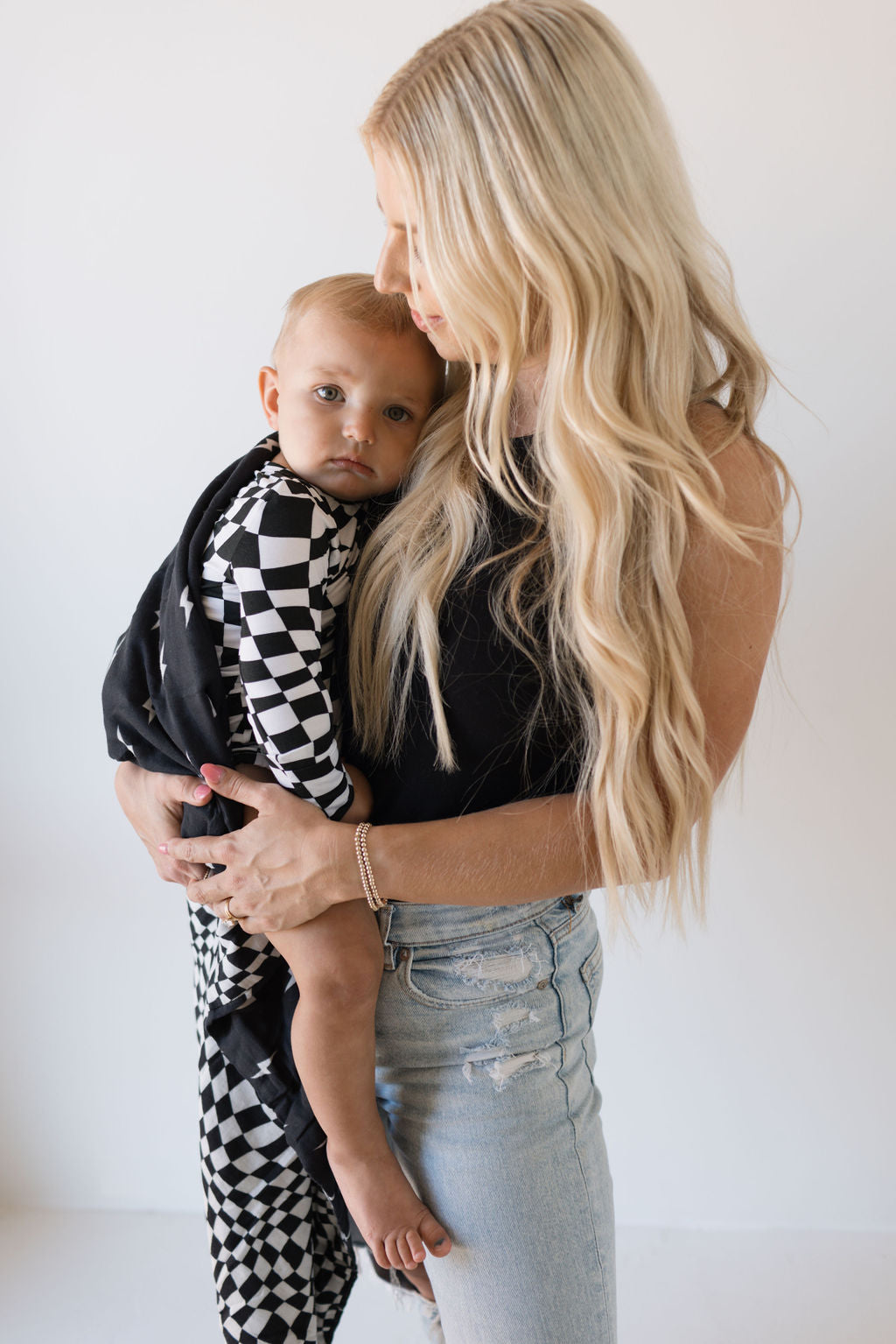 Muslin Quilt | Midnight Lightning Bolt & Black + White Wavy Checkerboard