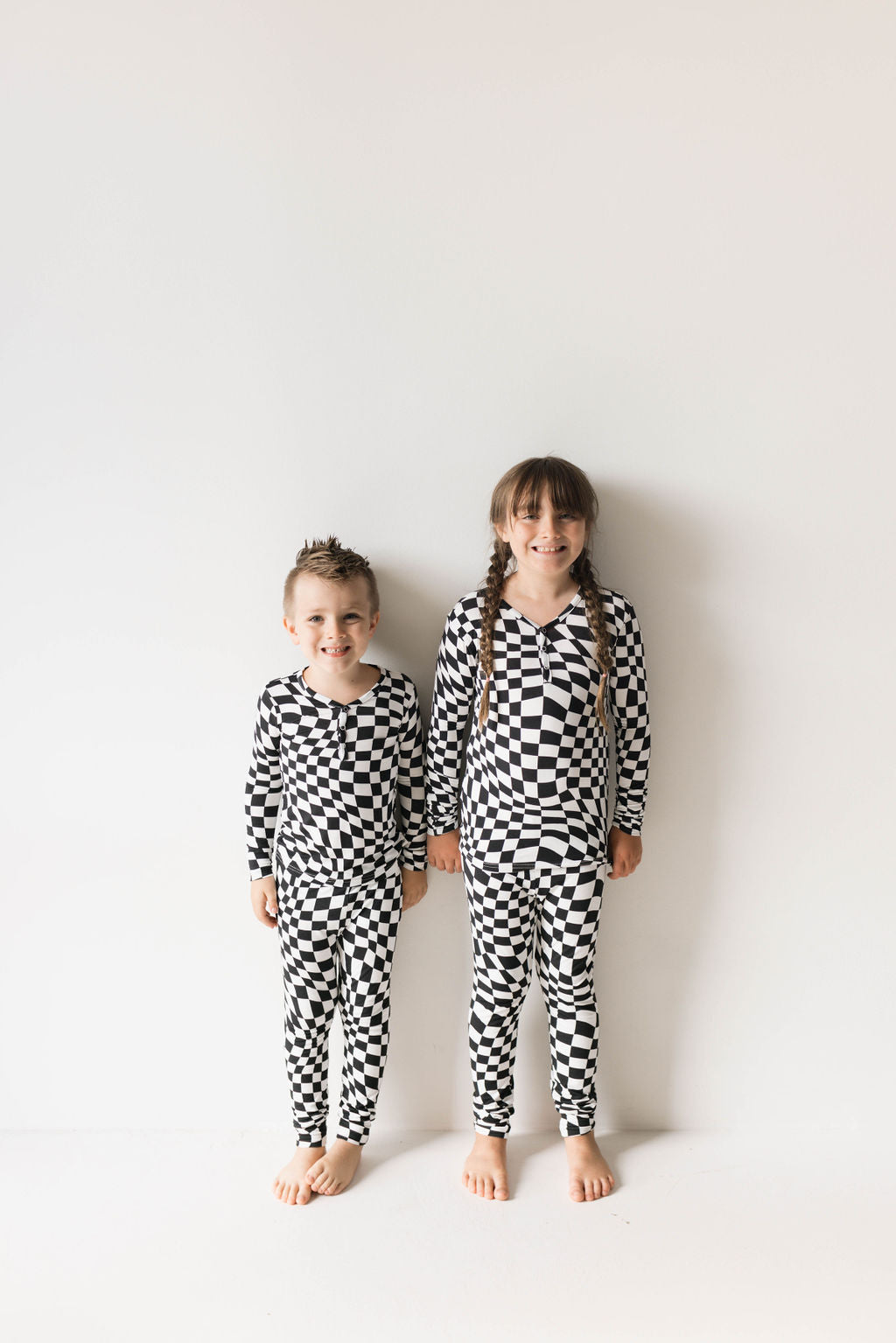 Bamboo Two Piece Pajamas | Black & White Wavy Checkerboard