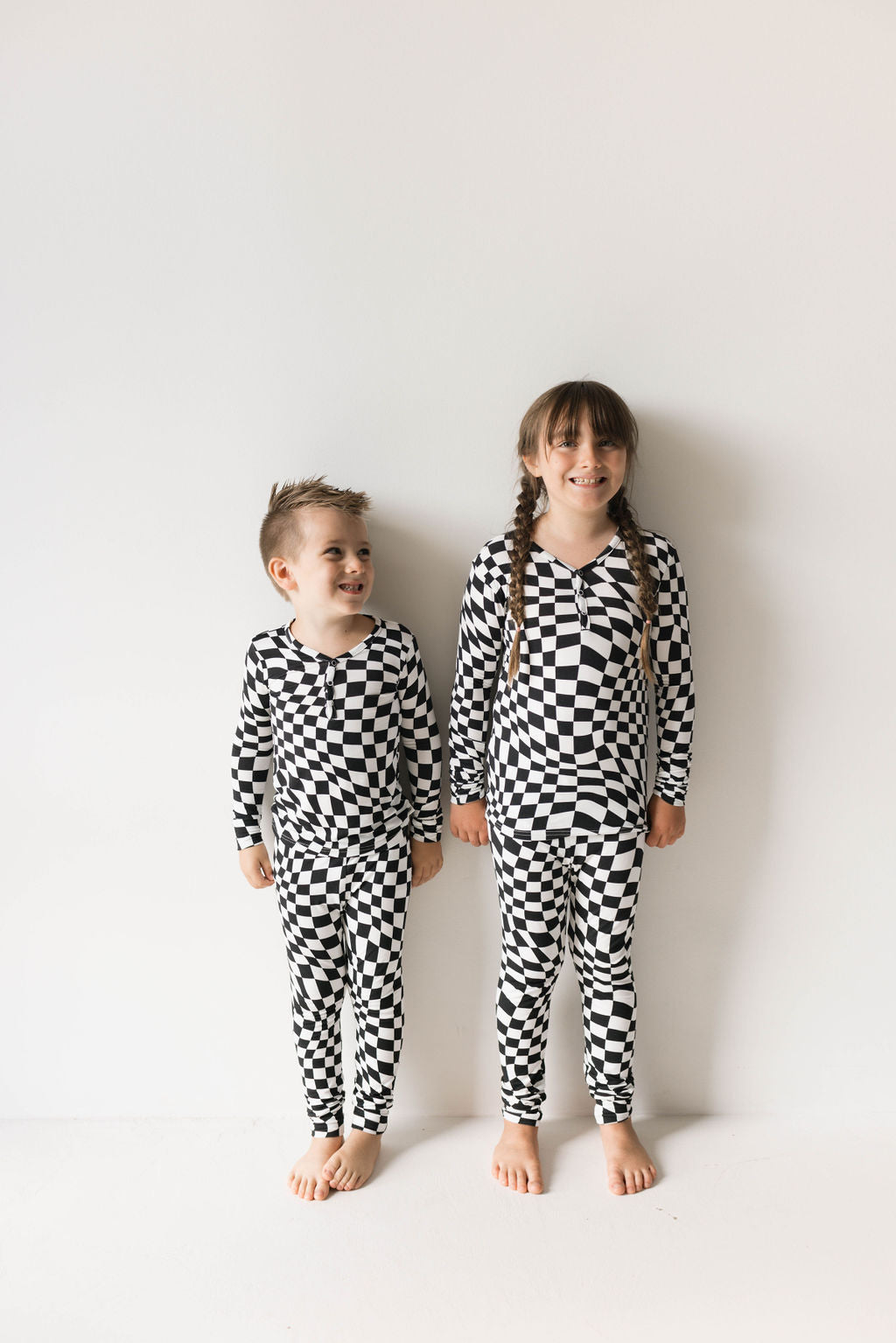 Bamboo Two Piece Pajamas | Black & White Wavy Checkerboard