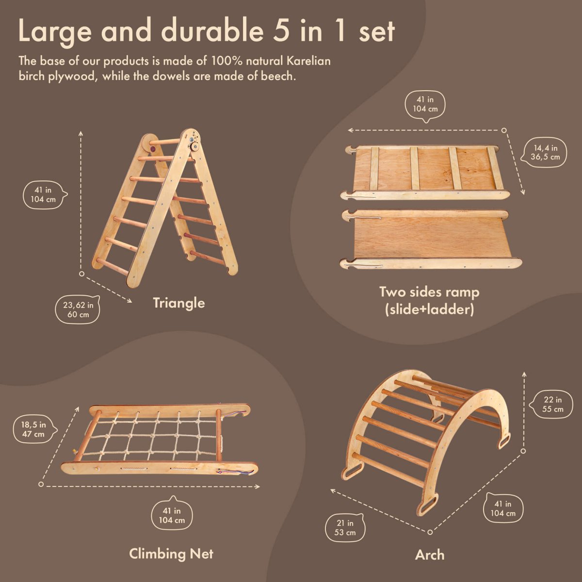 4in1 Montessori Climbing Set: Triangle Ladder + Arch/Rocker + Slide Board/Ramp + Climbing Net – Beige
