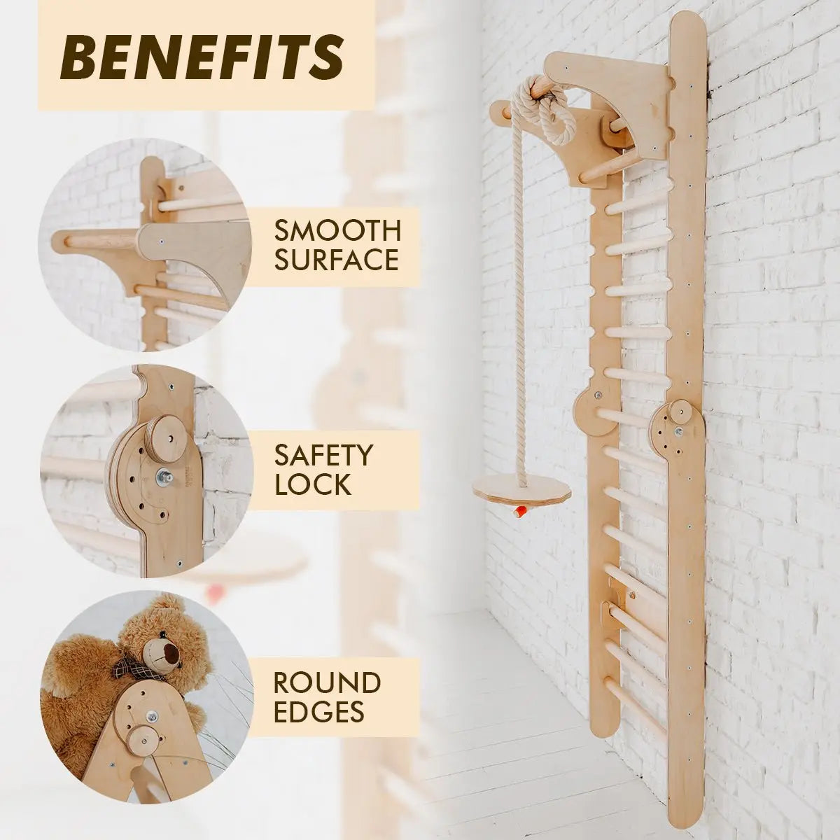 4in1 Wooden Swedish Wall / Climbing ladder for Children + Swing Set + Slide Board + Art Add-on