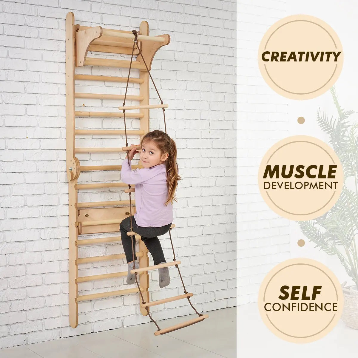 4in1 Wooden Swedish Wall / Climbing ladder for Children + Swing Set + Slide Board + Art Add-on