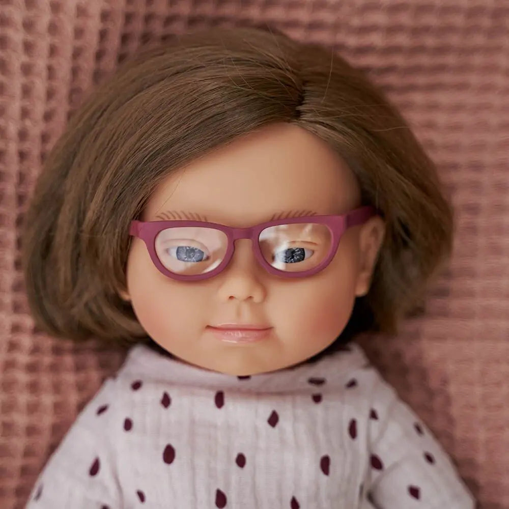 Miniland Baby Doll Caucasian Girl Down Syndr. Glasses 15''