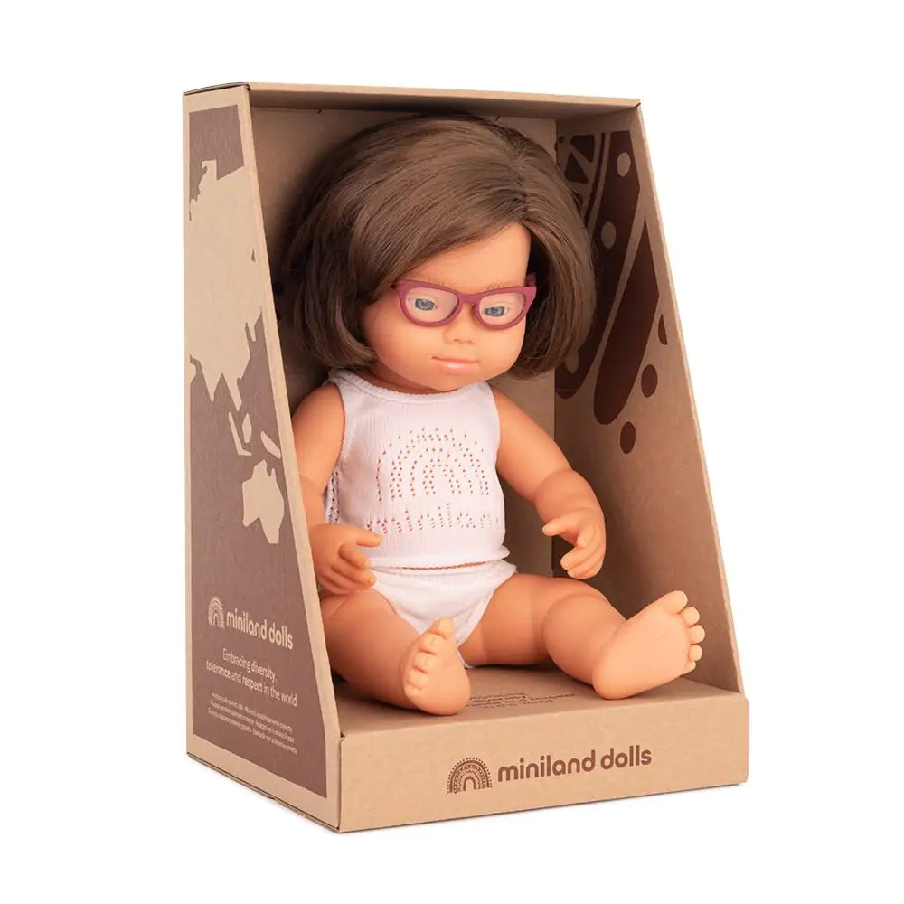 Miniland Baby Doll Caucasian Girl Down Syndr. Glasses 15''
