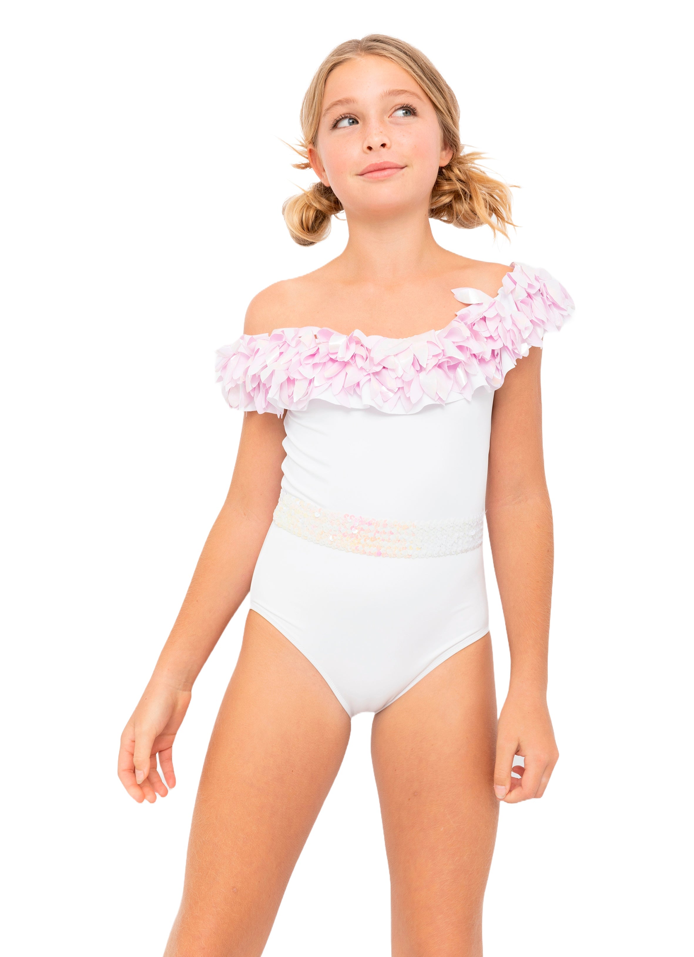 White Swimsuit with Light Pink Metallic Petal & Sequin Belt