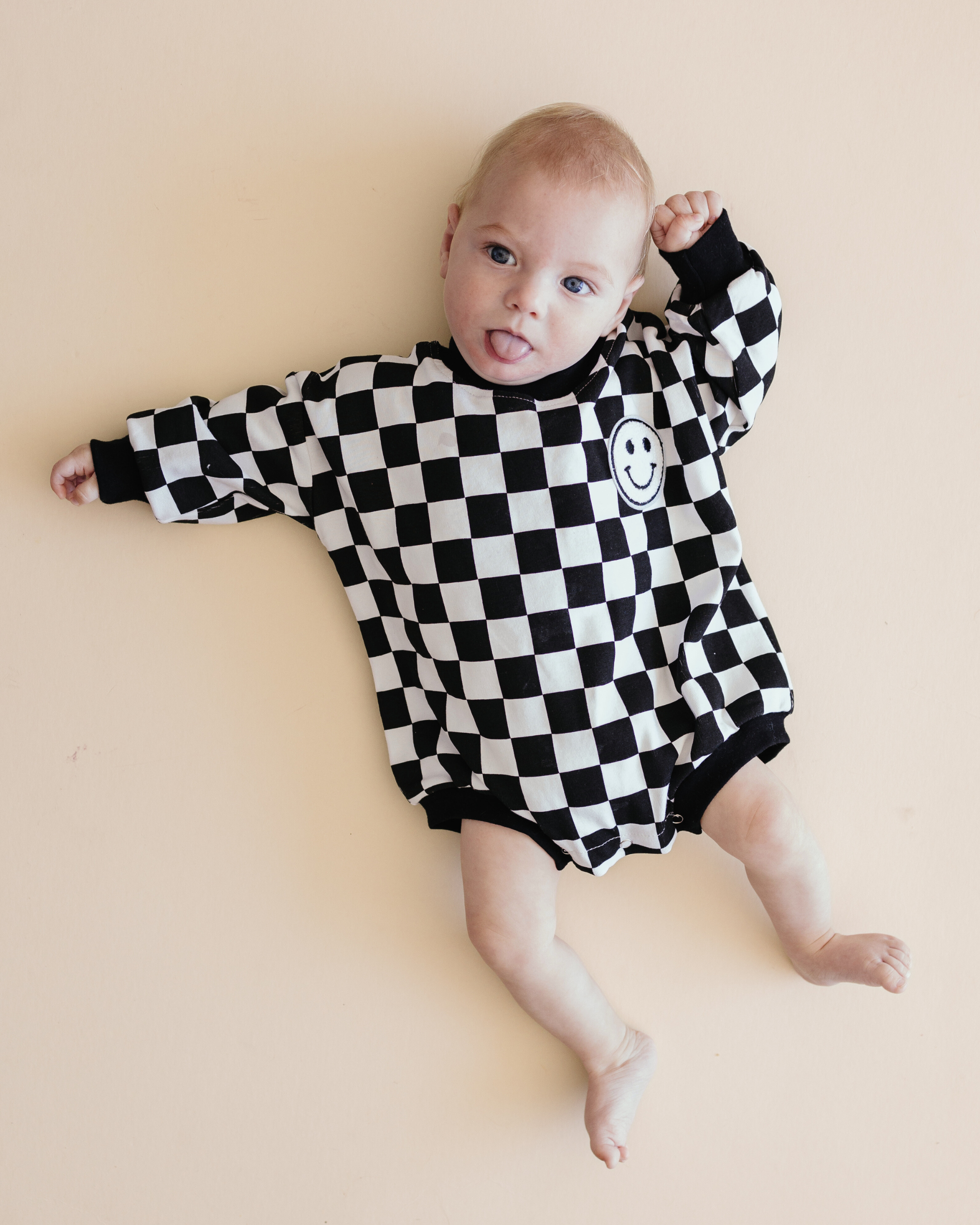 Bubble Romper | Checkered Smiley Black