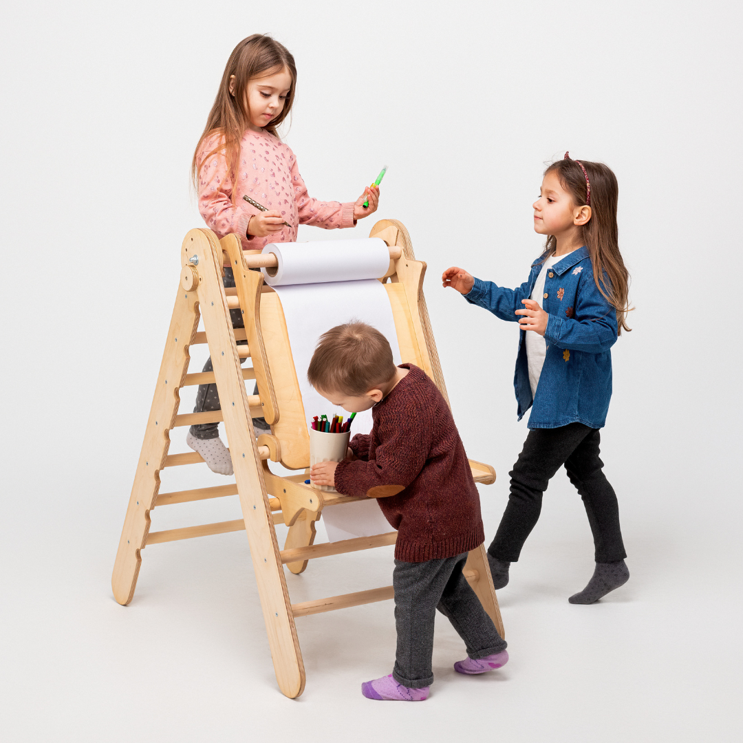 6in1 Montessori Climbing Frame Set: Triangle Ladder + Arch/Rocker + Slide/Ramp + Net + Cushion + Art Addition