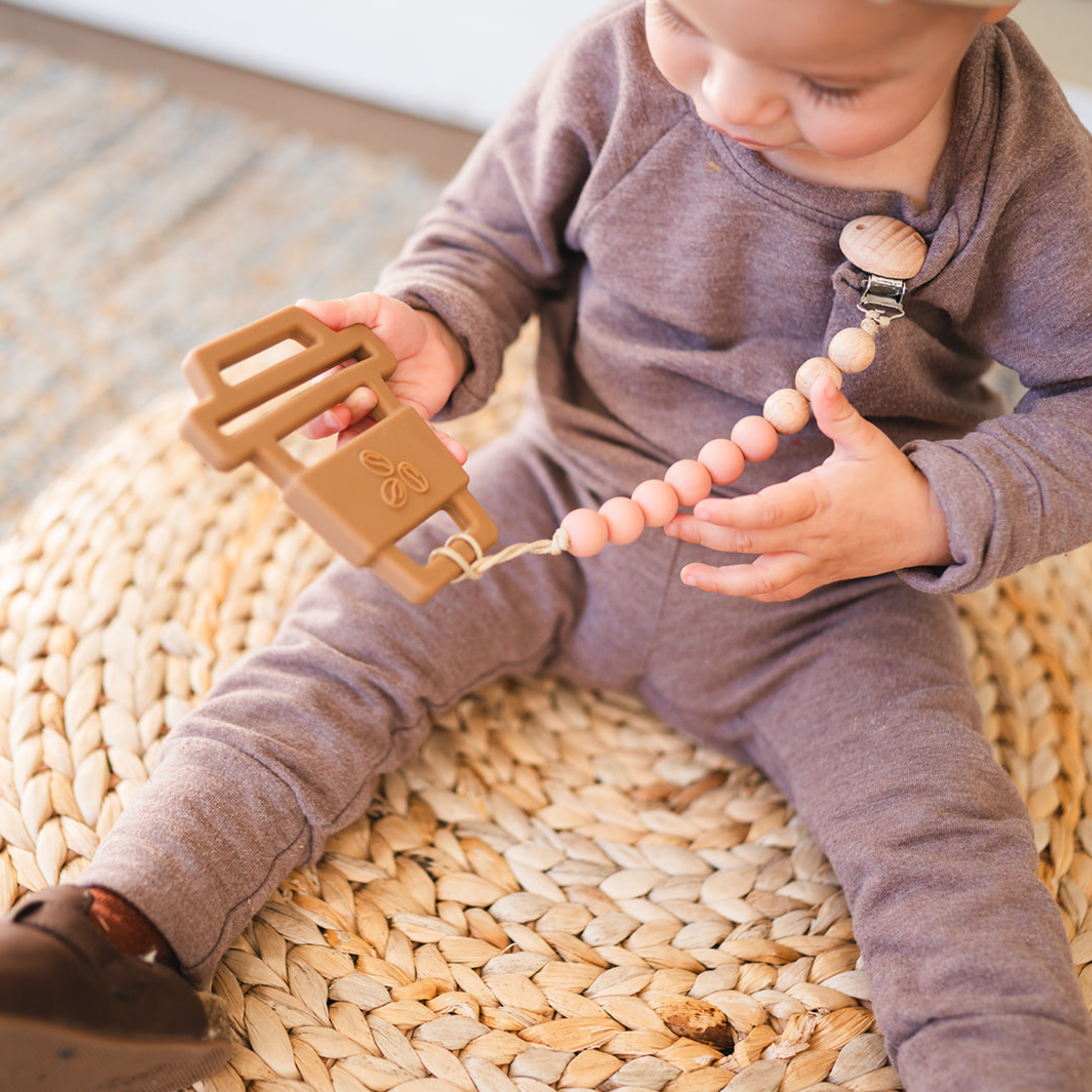 Mustard Beaded Wooden & Silicone Pacifier Clip