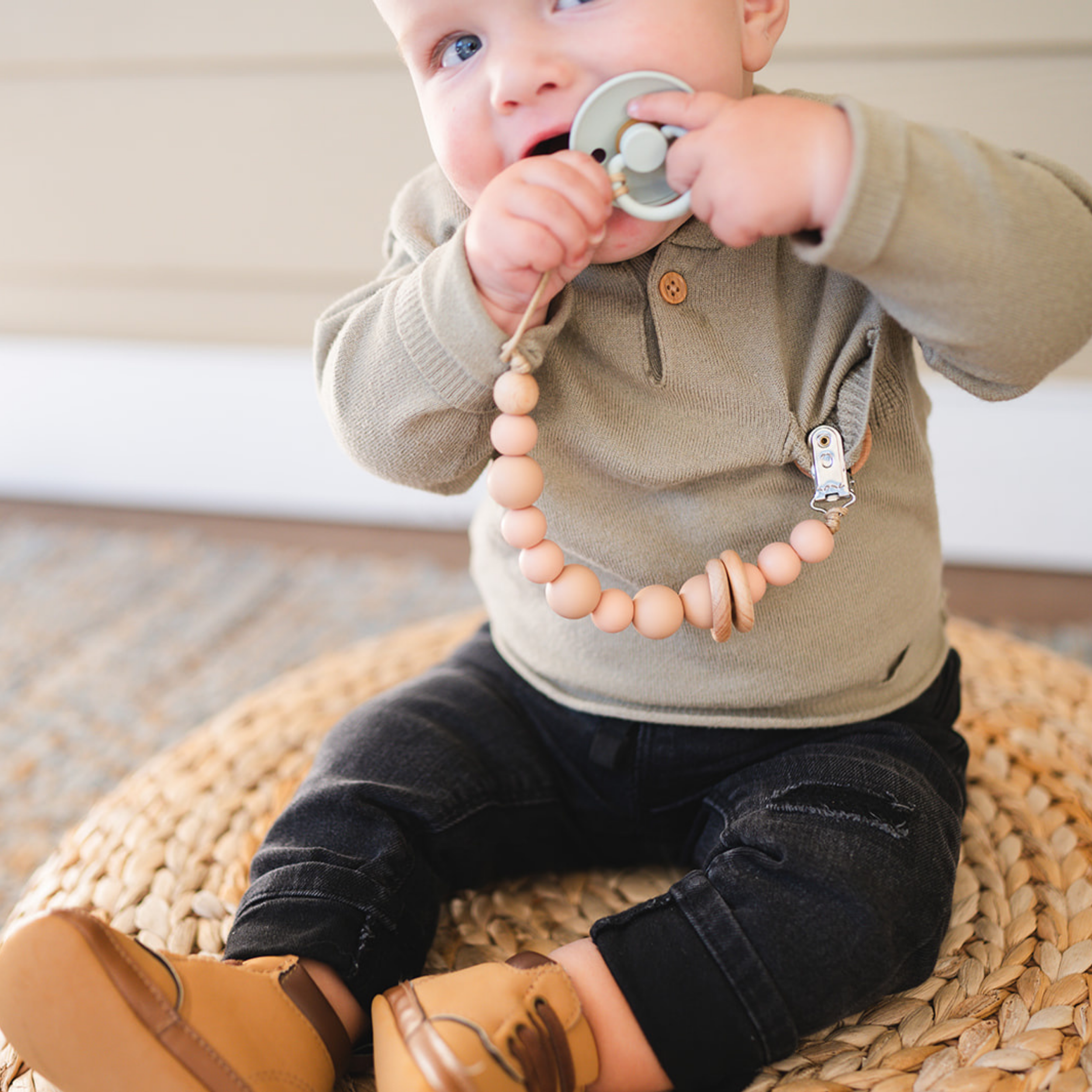 Blush Silicone Bead & Wood Ring Pacifier Clip