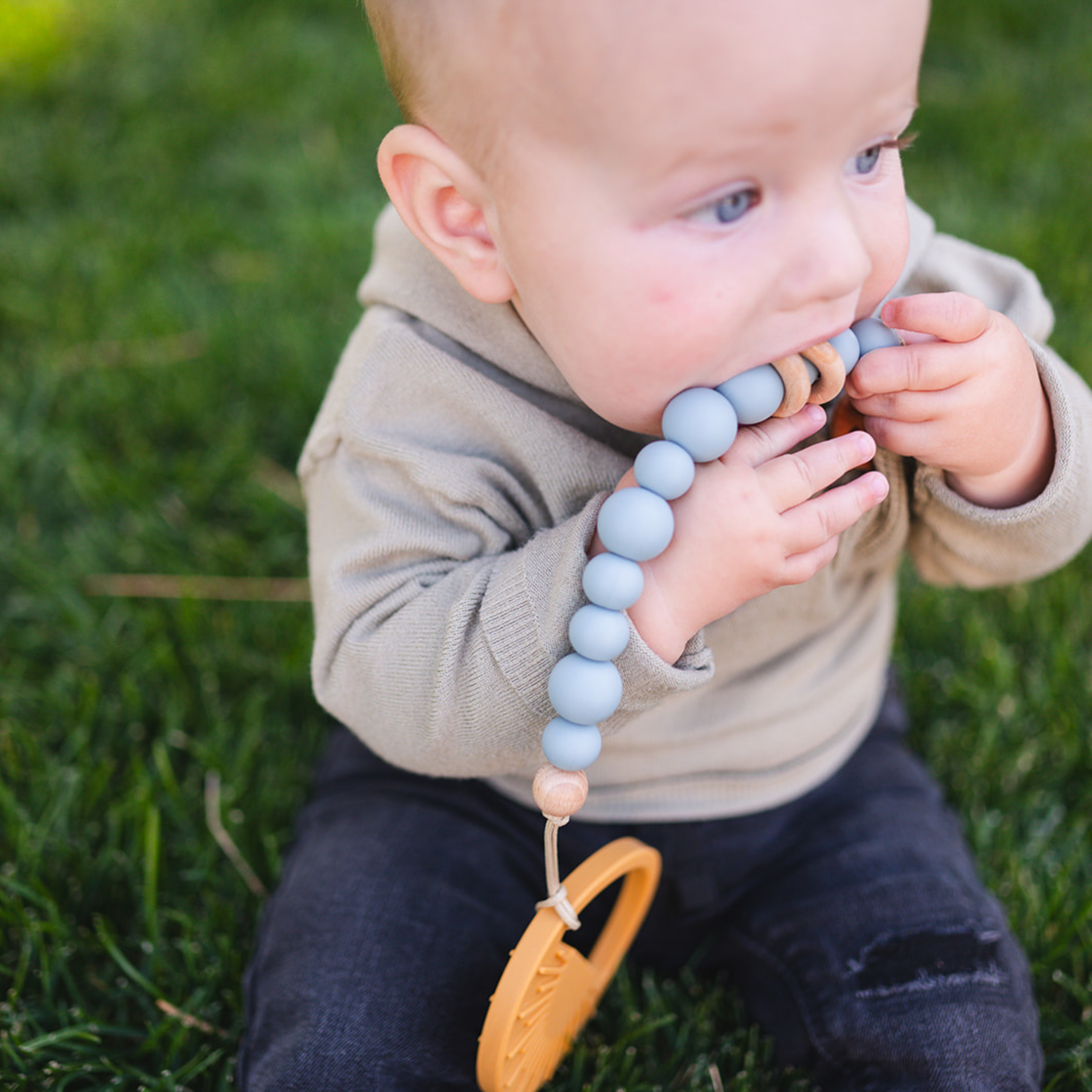 Sage Silicone Bead & Wood Ring Pacifier Clip