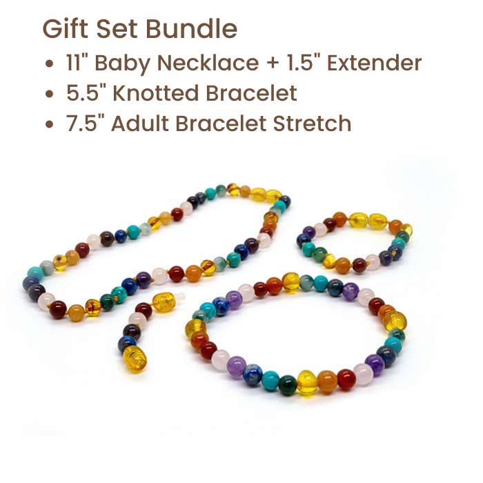 Baltic Amber Teething Necklace Rainbow Gemstones Gift Set Bundle