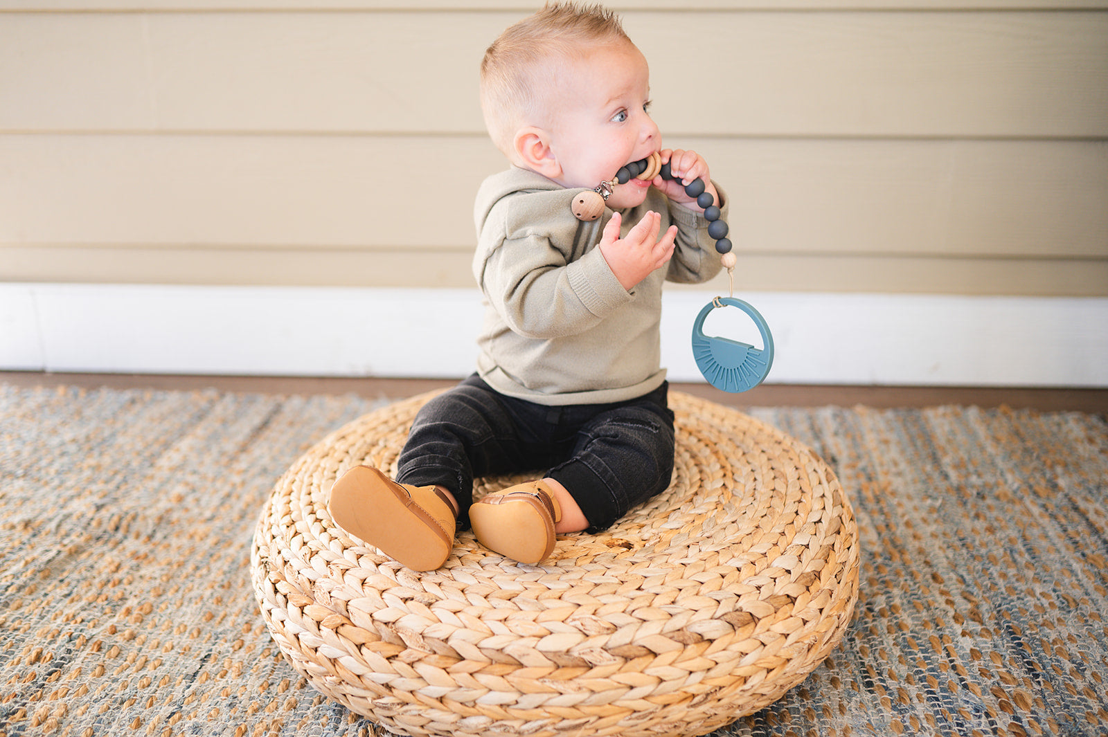 Charcoal Silicone Bead & Wood Ring Pacifier Clip