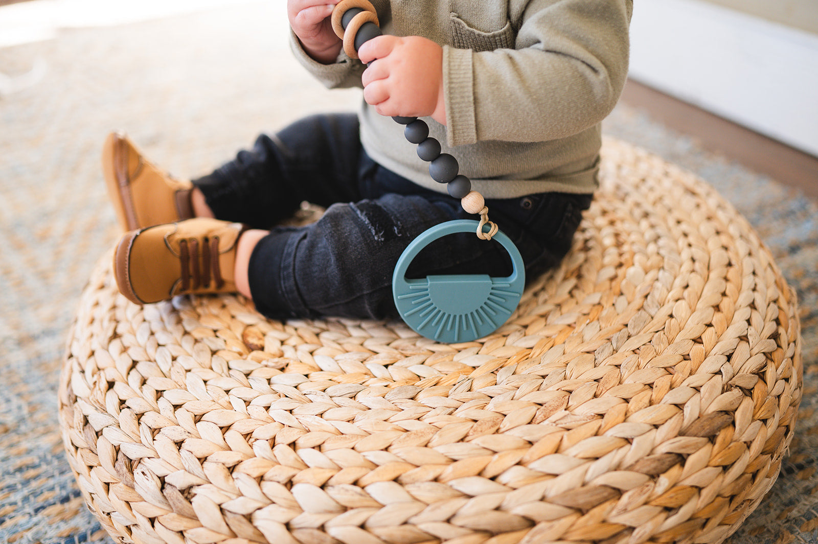 Charcoal Silicone Bead & Wood Ring Pacifier Clip