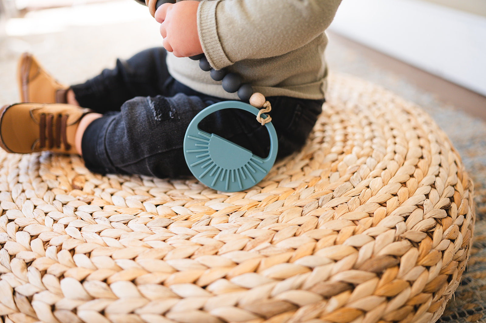 Charcoal Silicone Bead & Wood Ring Pacifier Clip