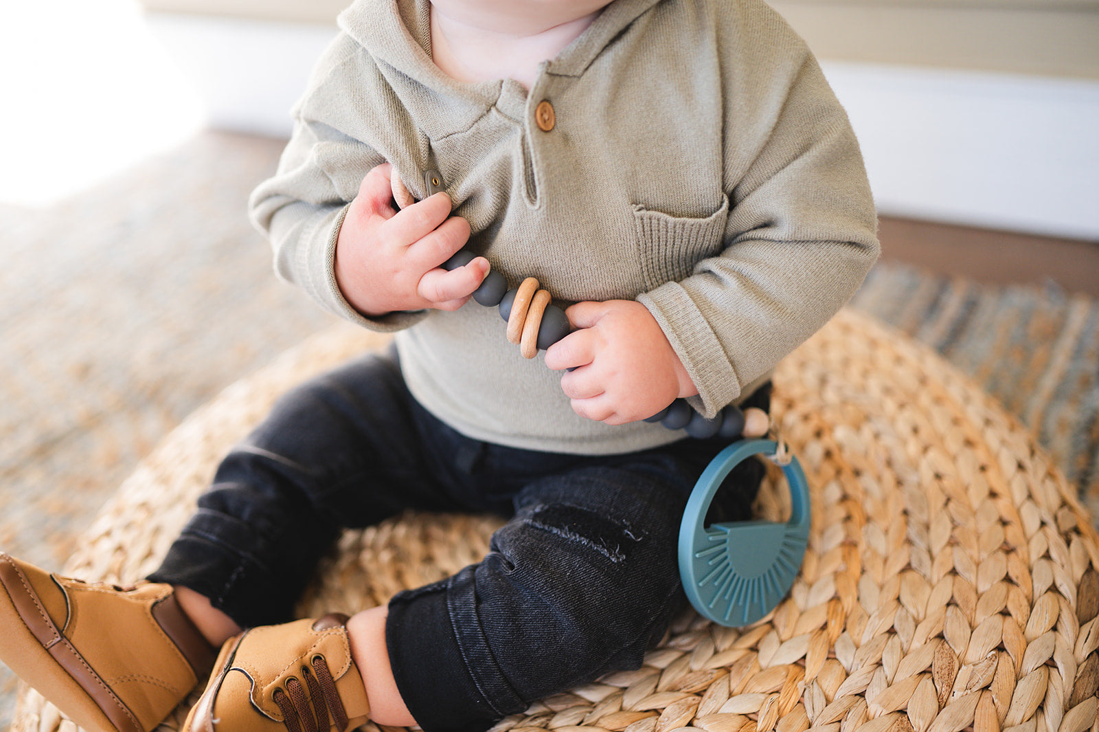 Charcoal Silicone Bead & Wood Ring Pacifier Clip