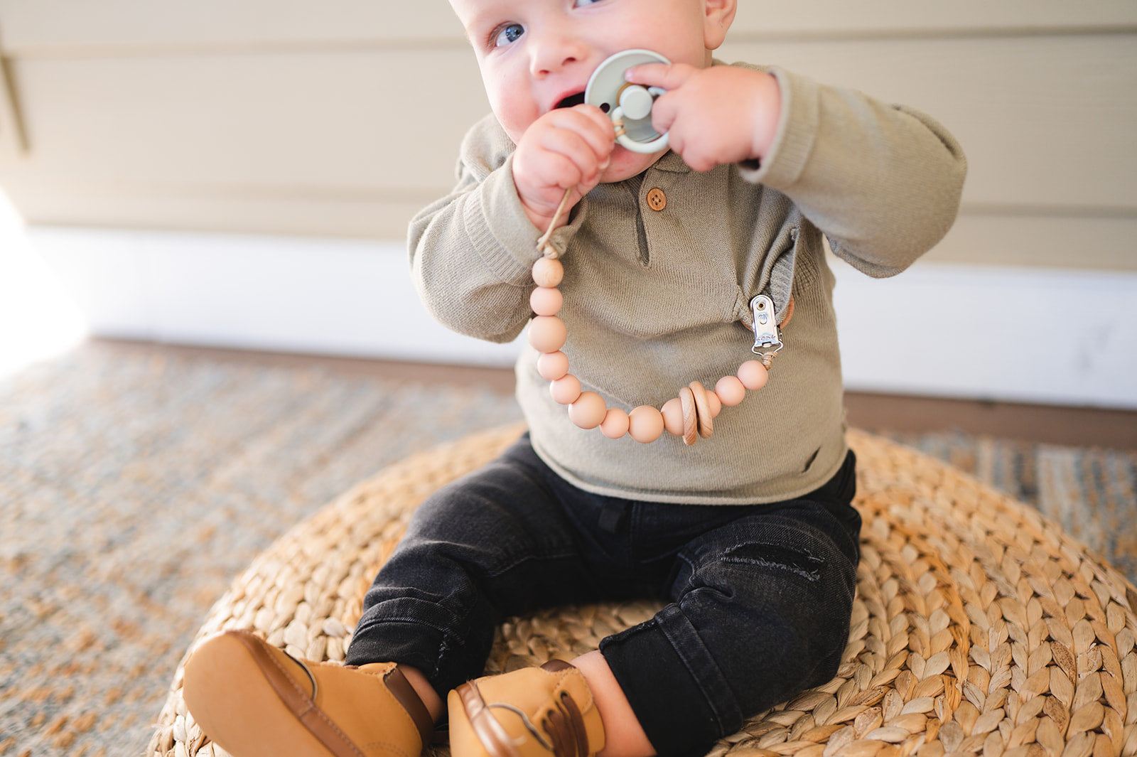 Apricot Silicone Bead & Wood Ring Pacifier Clip