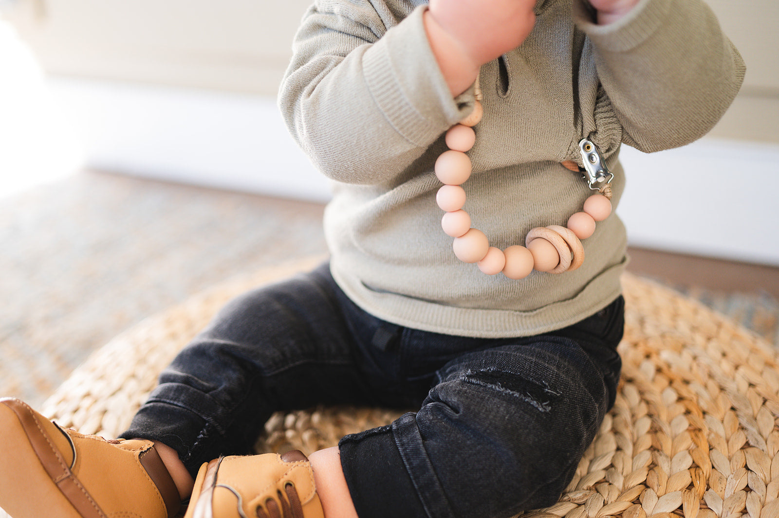 Apricot Silicone Bead & Wood Ring Pacifier Clip