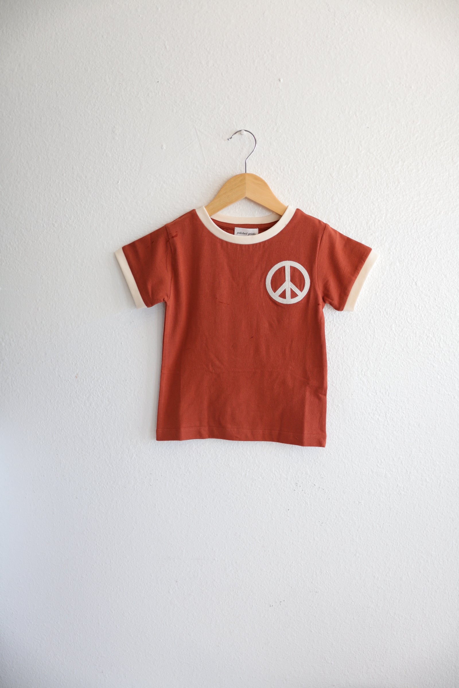 Peace Embroidered Ringer in Auburn