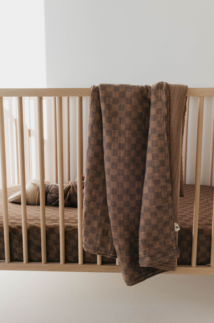 Muslin Crib Sheet | Faded Brown Checkerboard