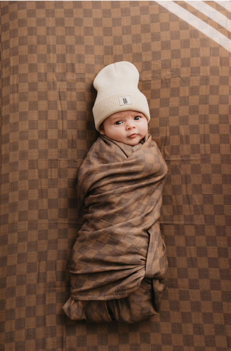 Muslin Crib Sheet | Faded Brown Checkerboard