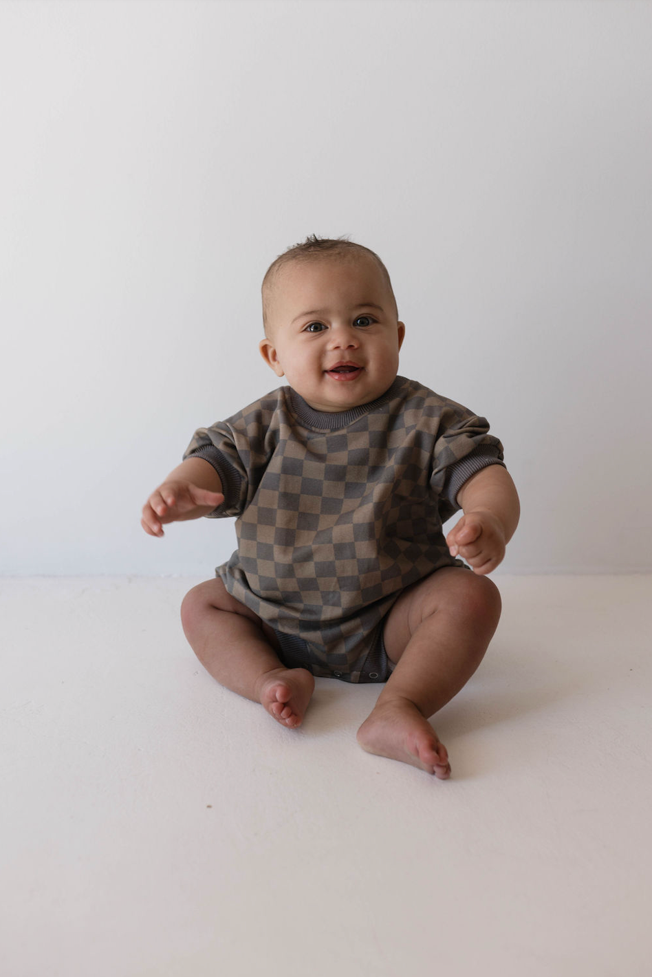 Faded Brown Checkerboard | Short Sleeve Romper