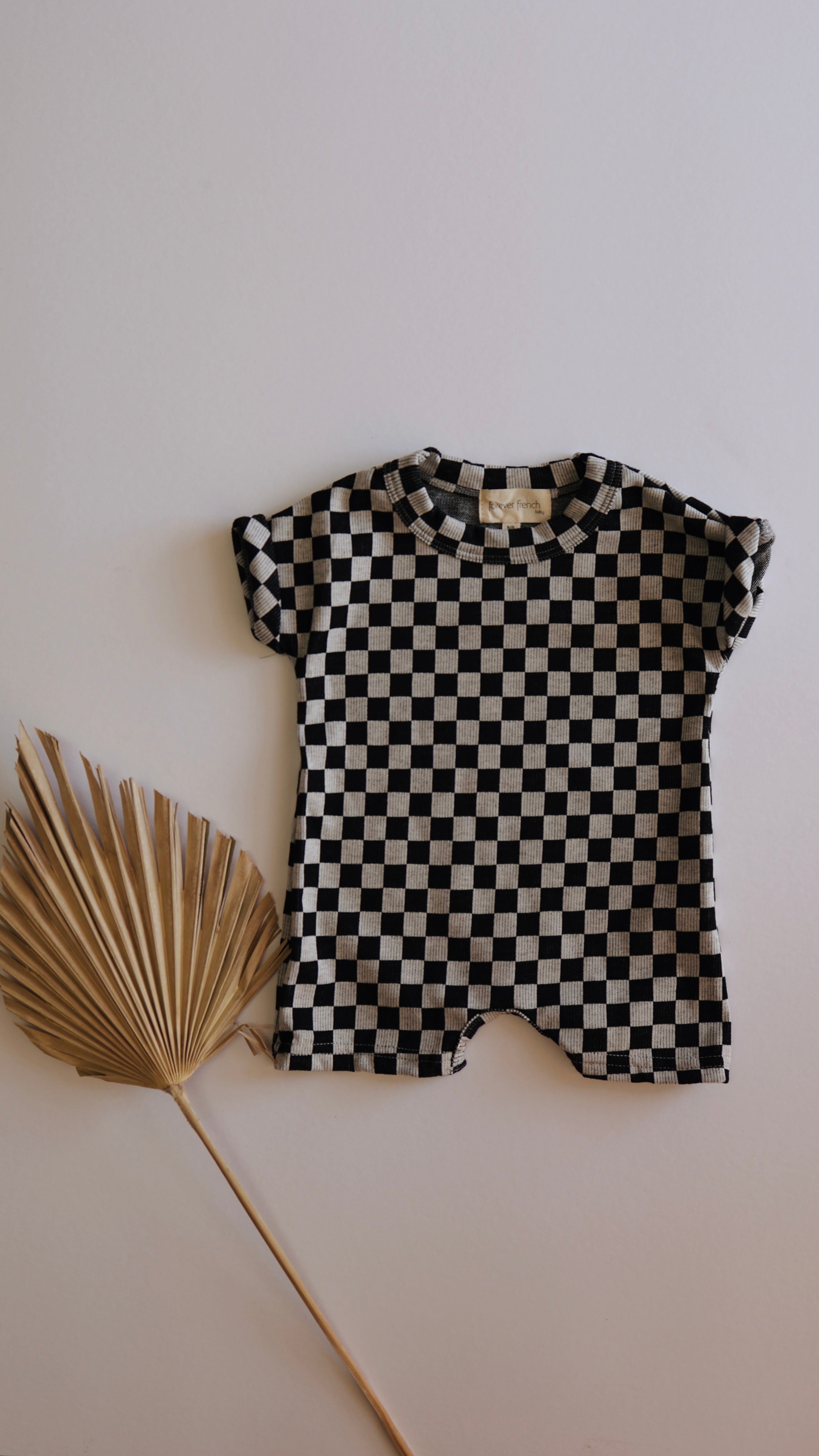 Short Sleeve Ribbed Romper | Black & Grey Checkerboard