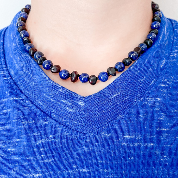 12.5 inch Baltic Amber Necklace Polished Black Cherry & Lapis Lazuli