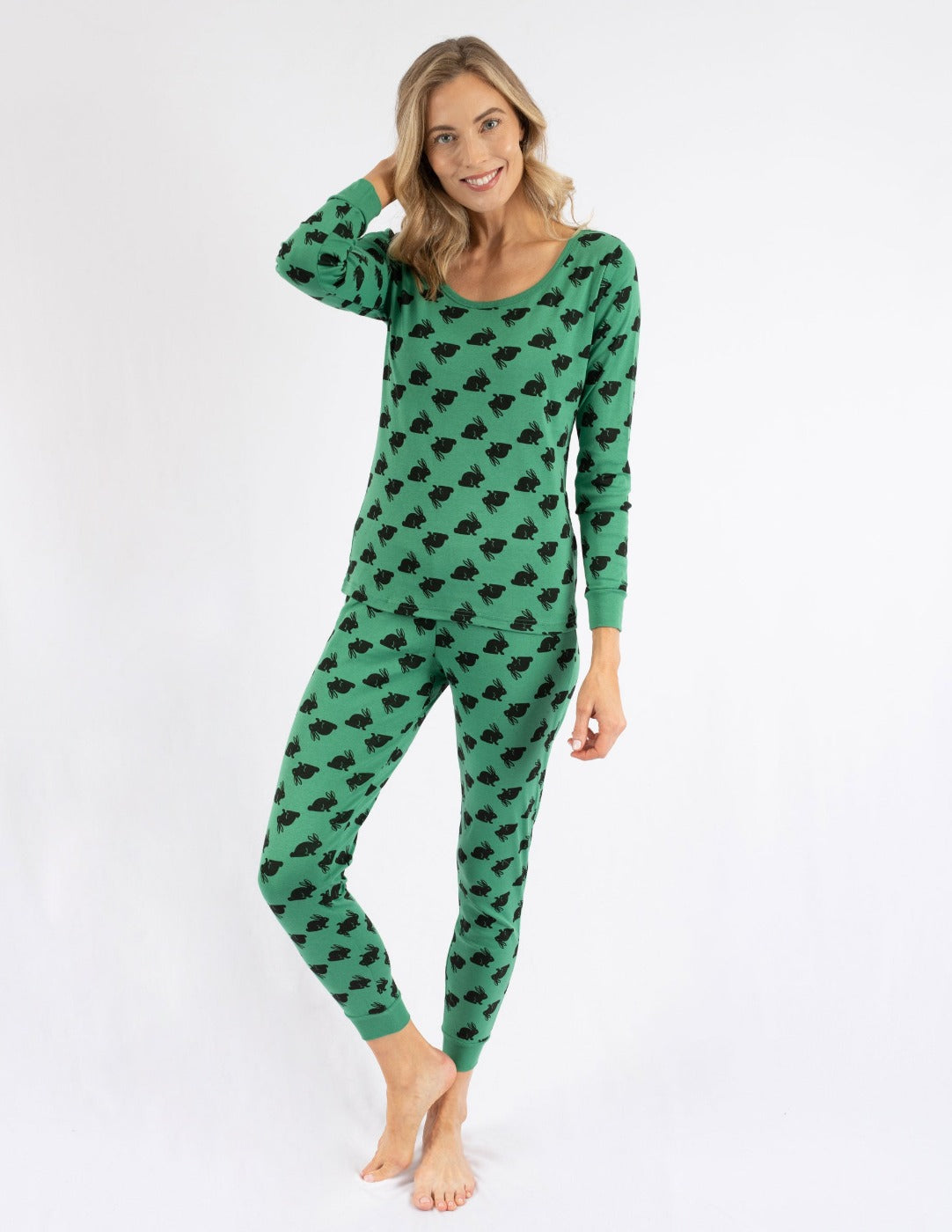 Women's Green Cotton Bunny Pajamas